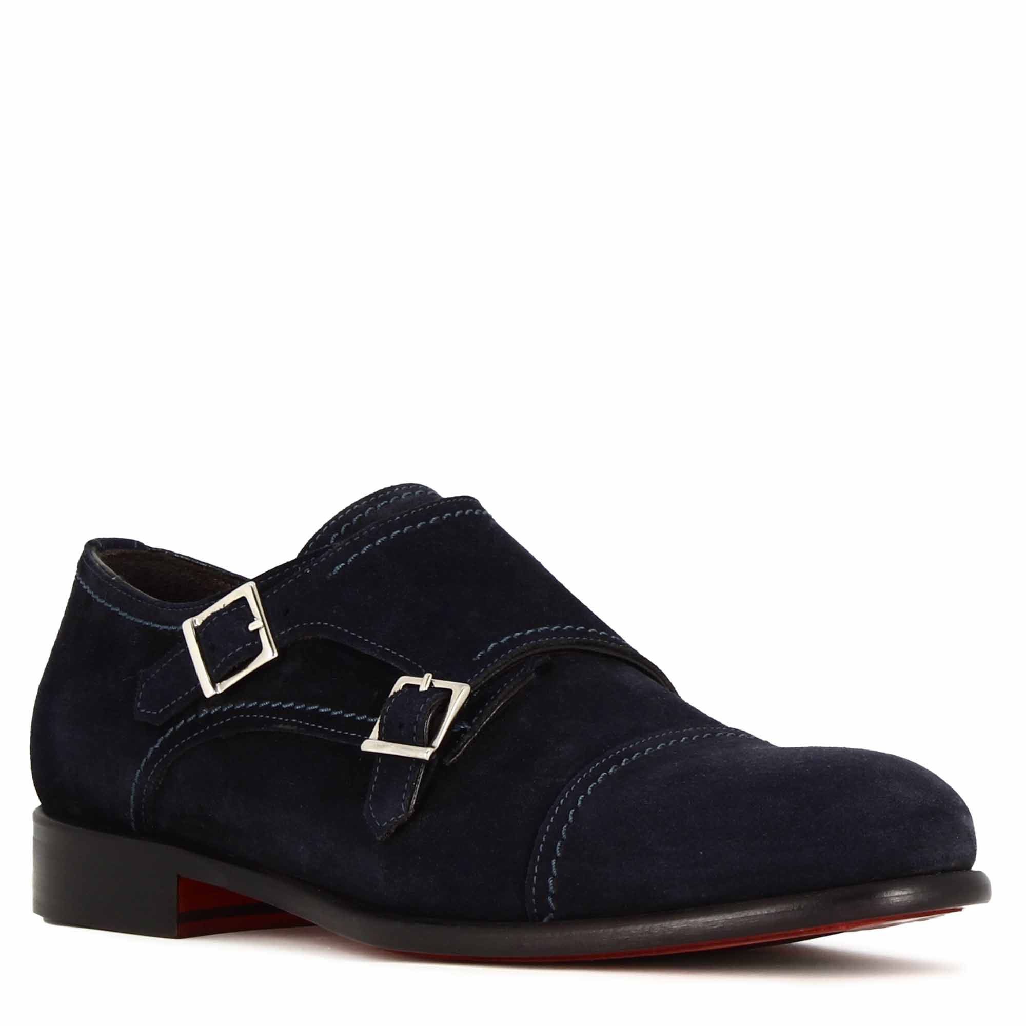 Leonardo Shoes Francesine Uomo scarpe doppia fibbia blu camoscio
