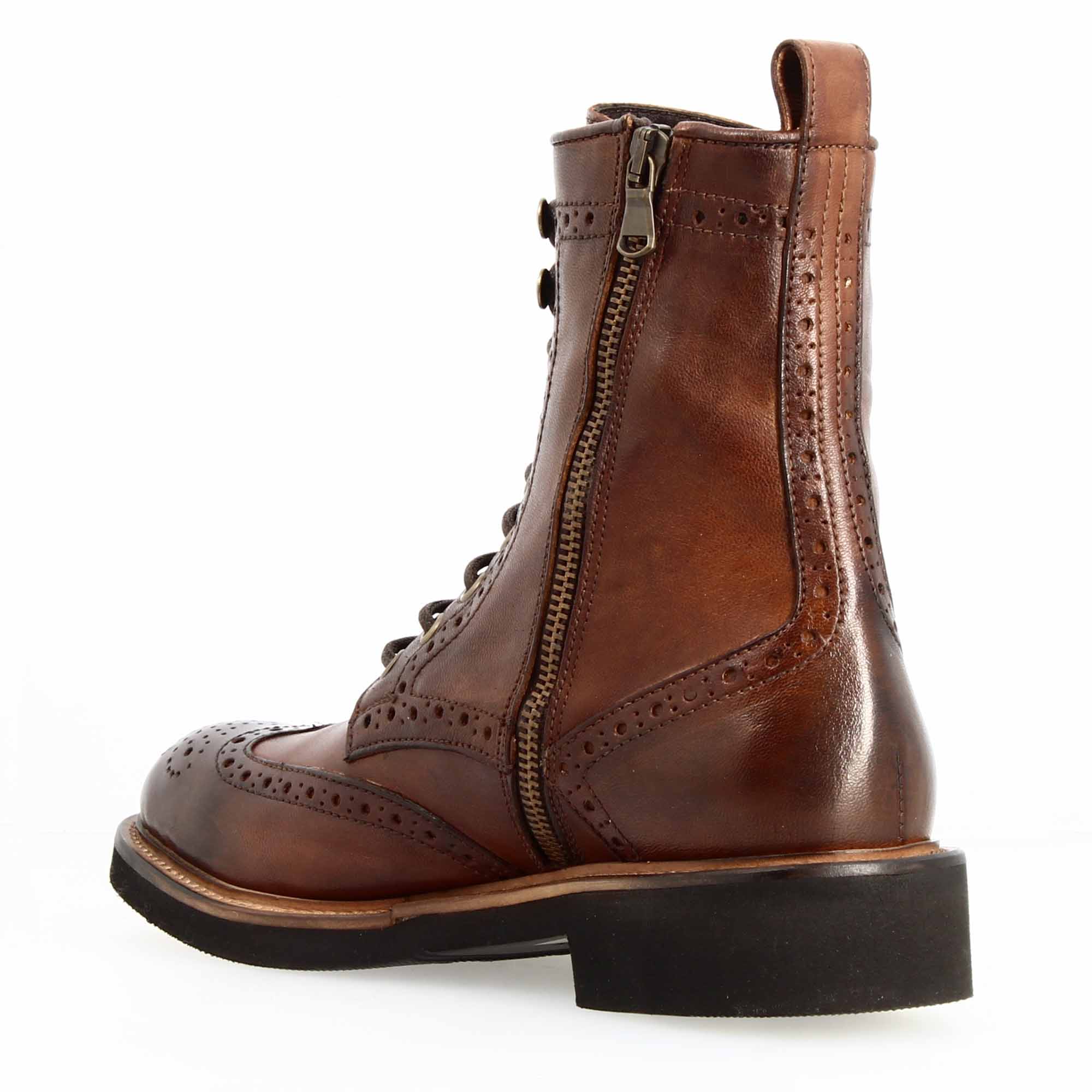 Leonardo Shoes Anfibio Donna Brogue Pelle Marrone Cuoio