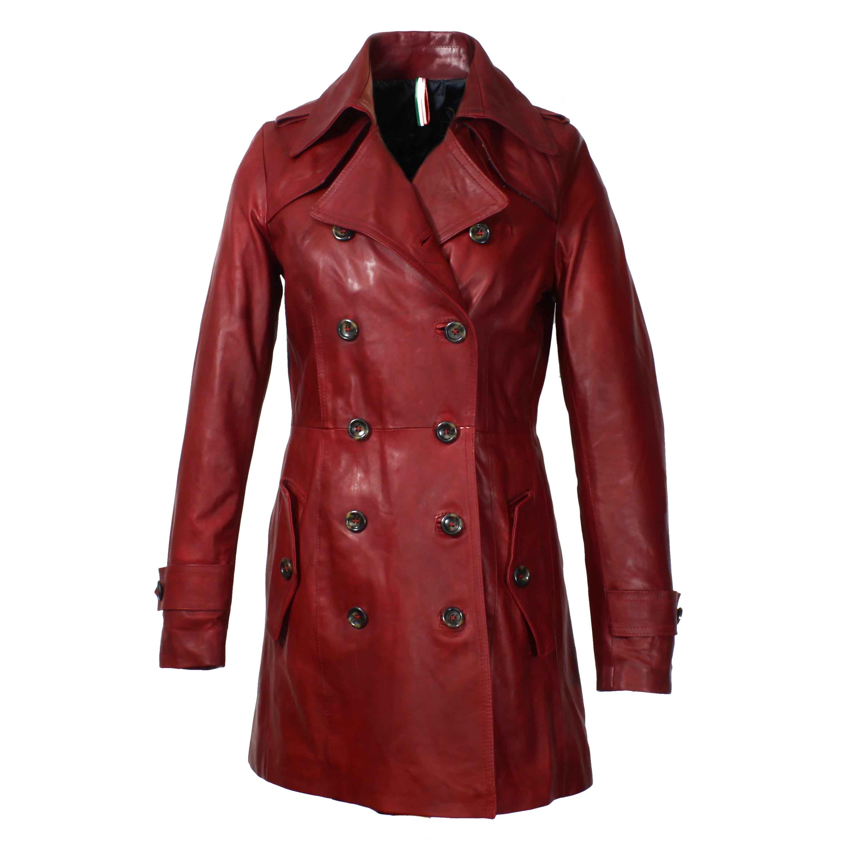 Leonardo Shoes trench donna pelle rosso scuro doppio petto