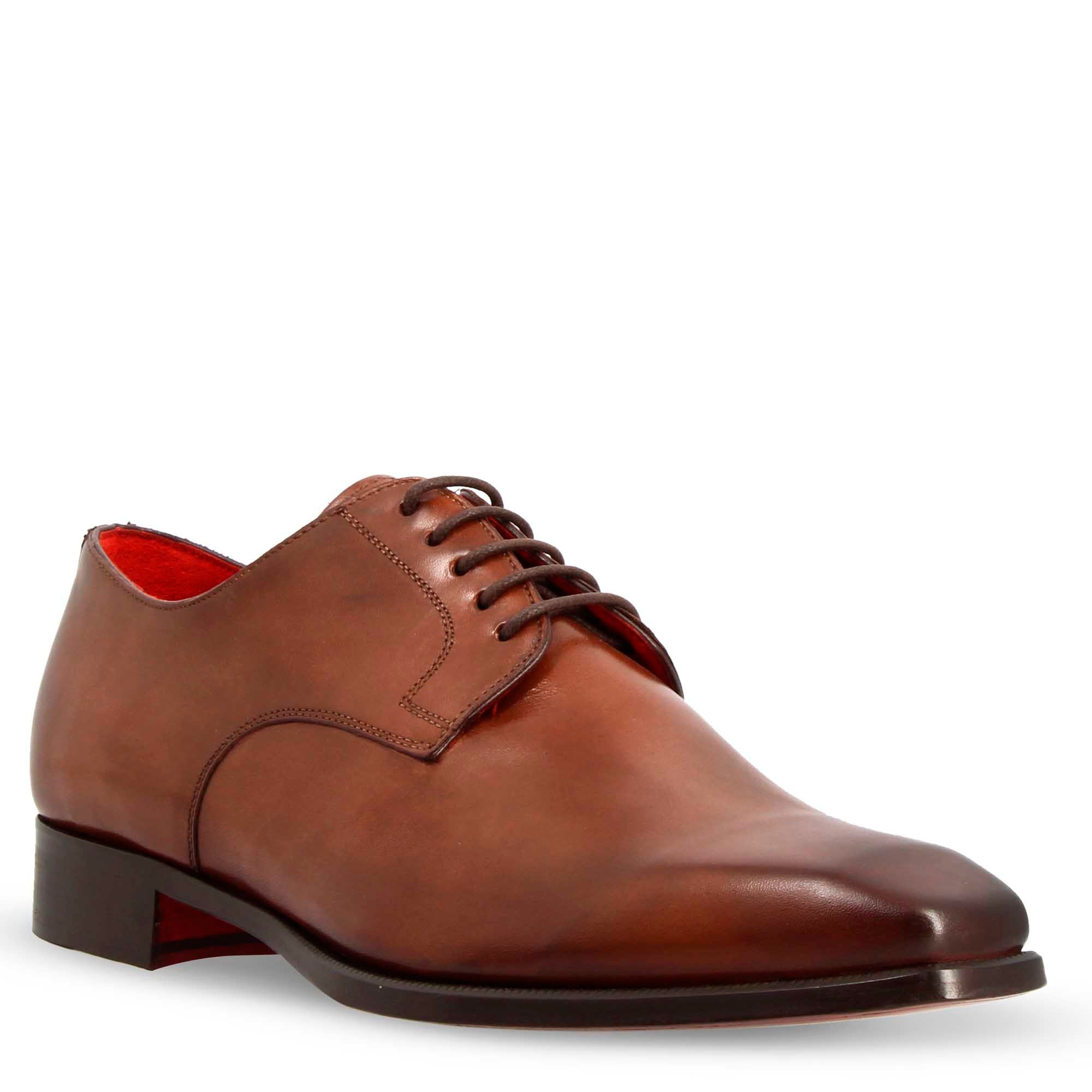 Leonardo Shoes Francesine Uomo Derby Pelle Marrone Punta Squadrata