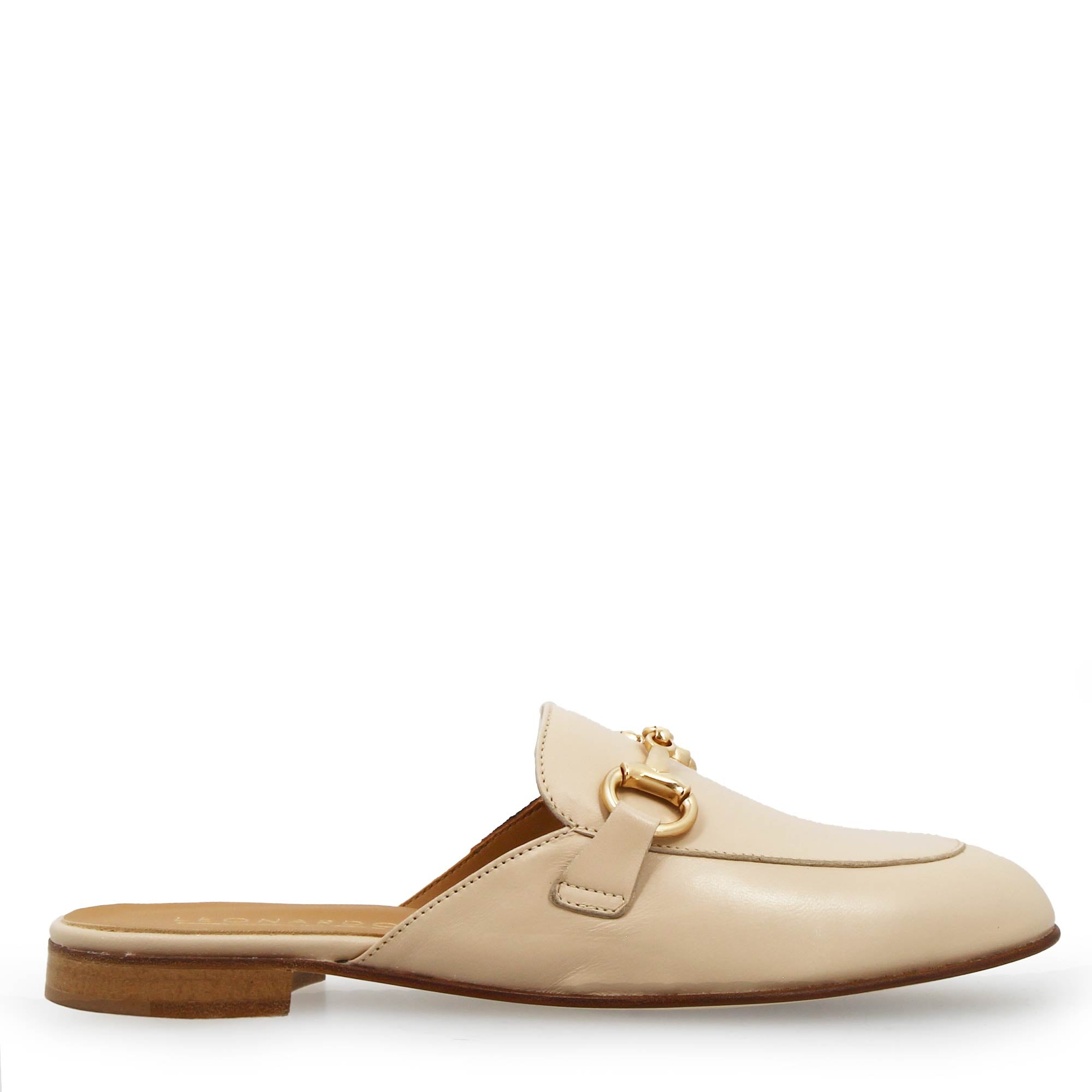 Leonardo Shoes Mules Donna Sabot Beige Fibbia Dorata Cuoio