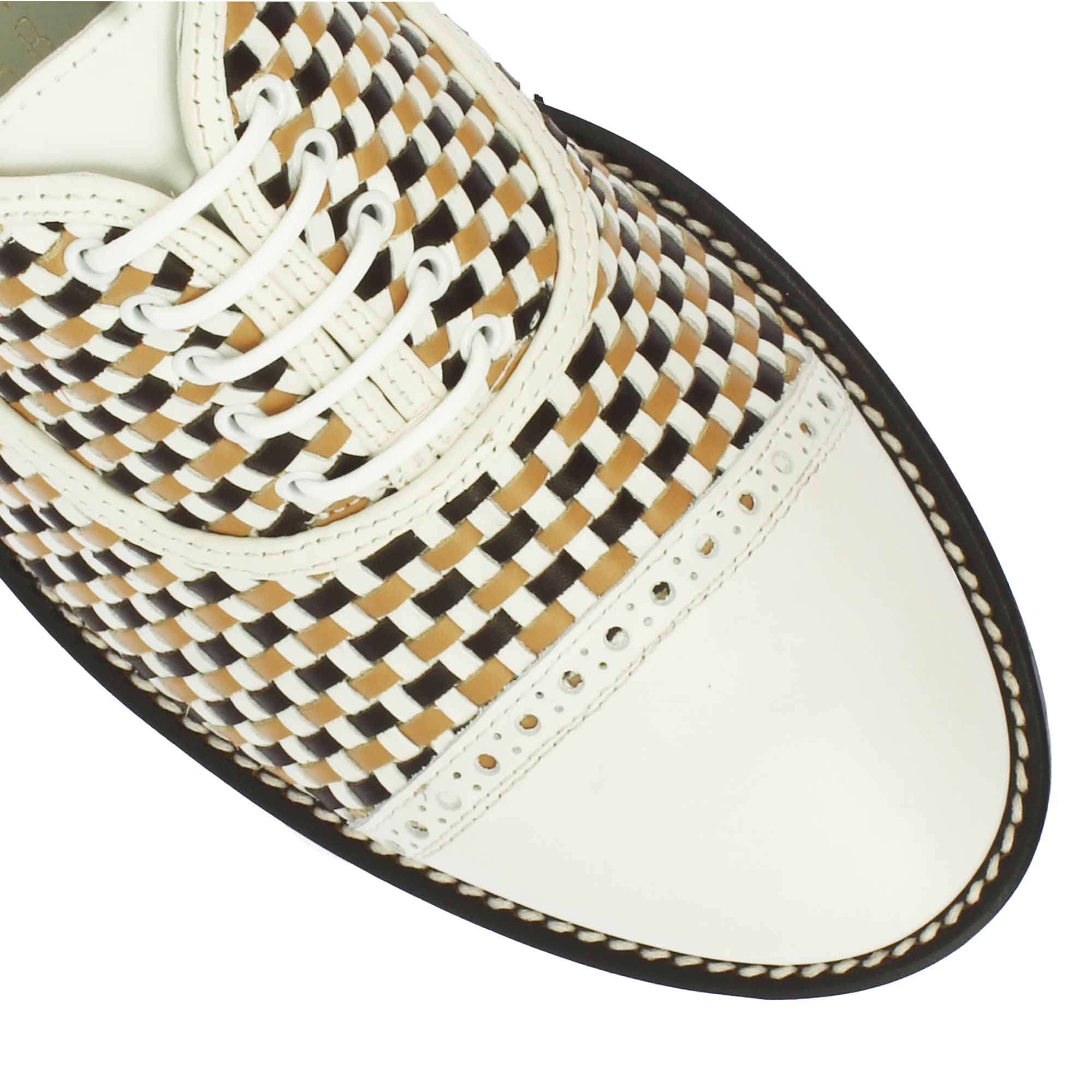 Leonardo Shoes Golf scarpe golf pelle intrecciata bianco marrone