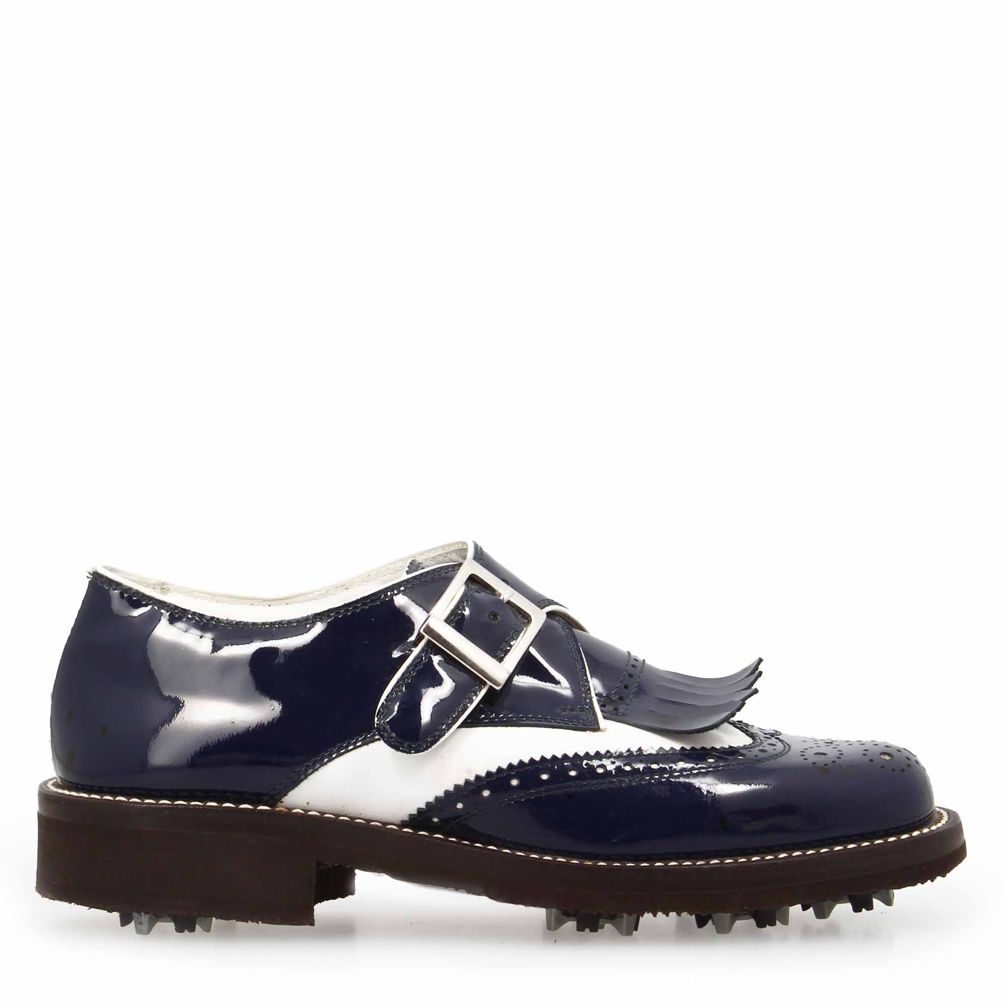 Leonardo Shoes Golf fibbia pelle bianco blu Softspike donna uomo