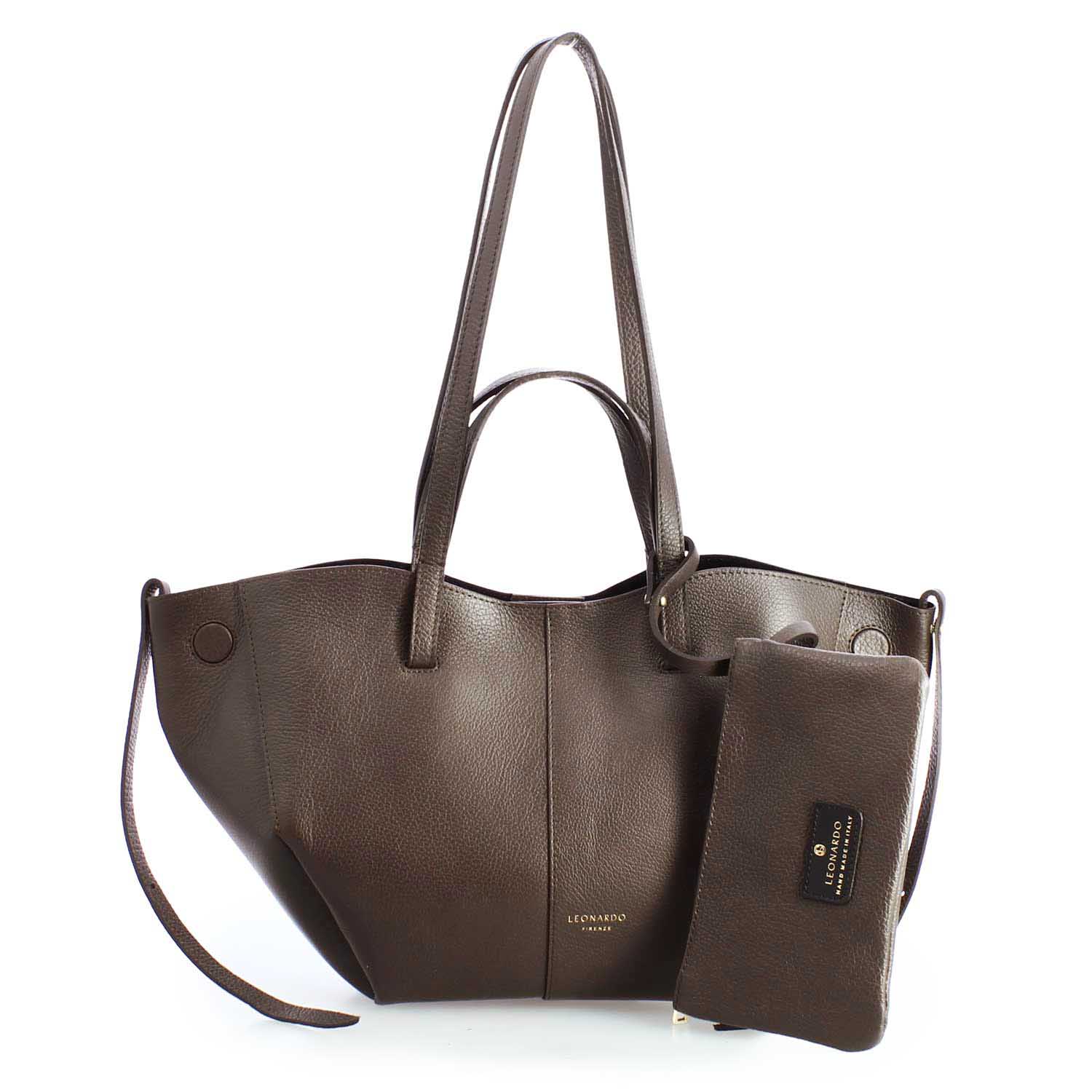 Leonardo Majestic L shopper pelle marrone scuro pochette