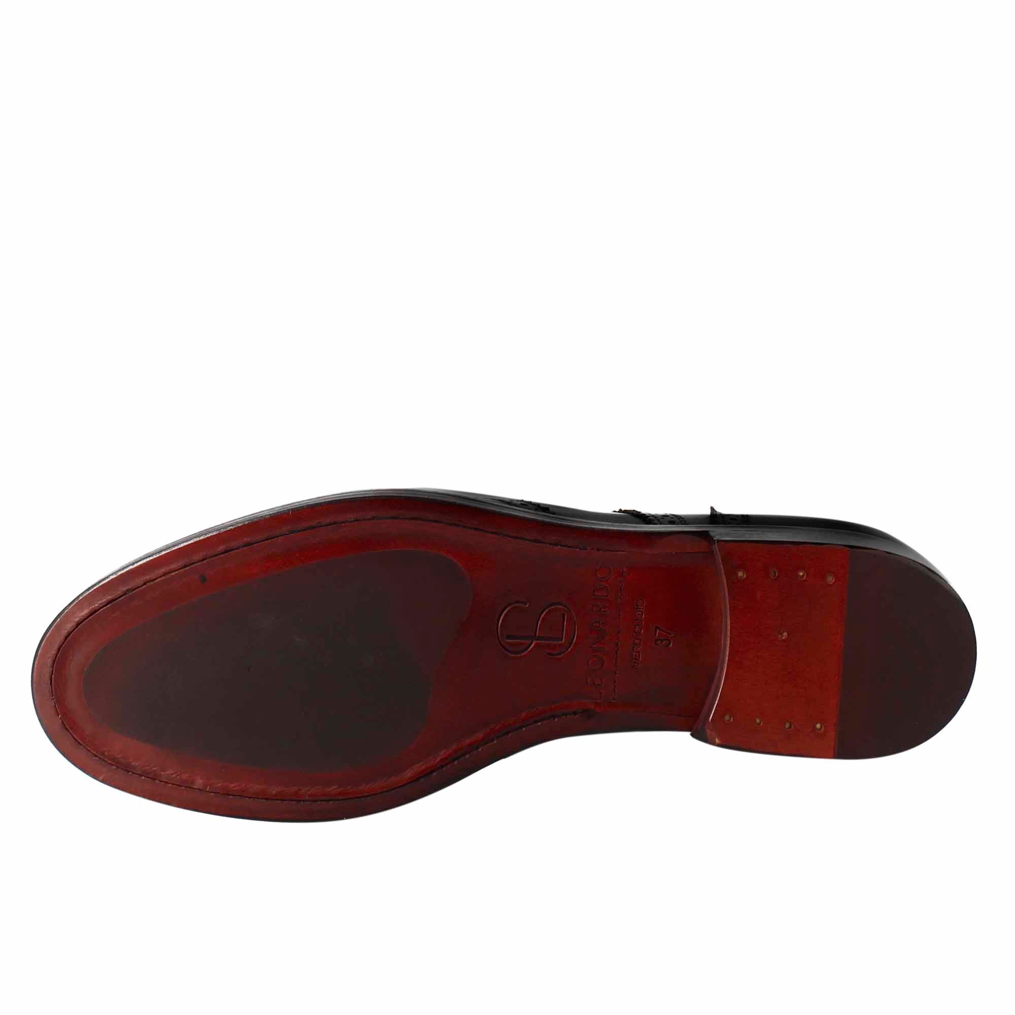 Leonardo Shoes Derby Donna Nero Brogue Pelle Cuoio