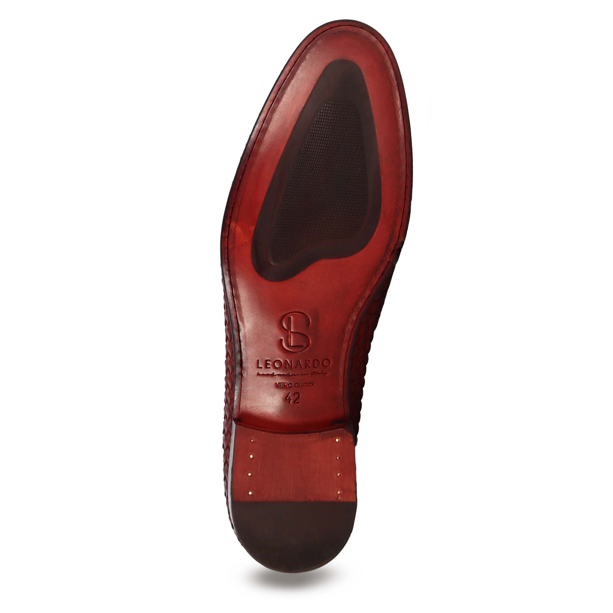 Leonardo Shoes mocassini uomo rosso pelle intrecciata