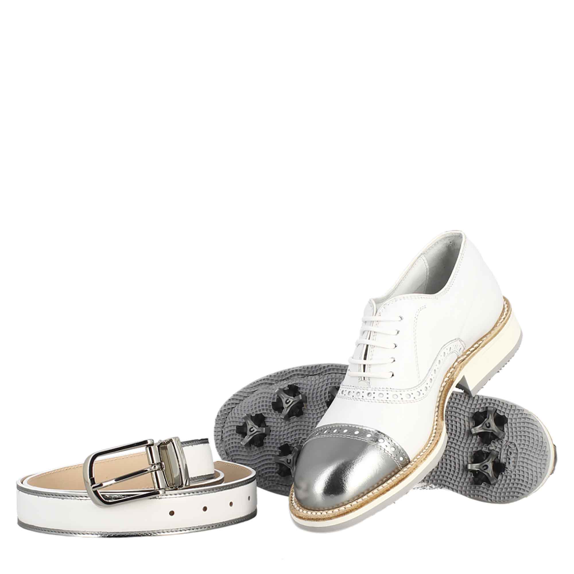 Leonardo Shoes Golf Calzature scarpe da golf bianco pelle argento
