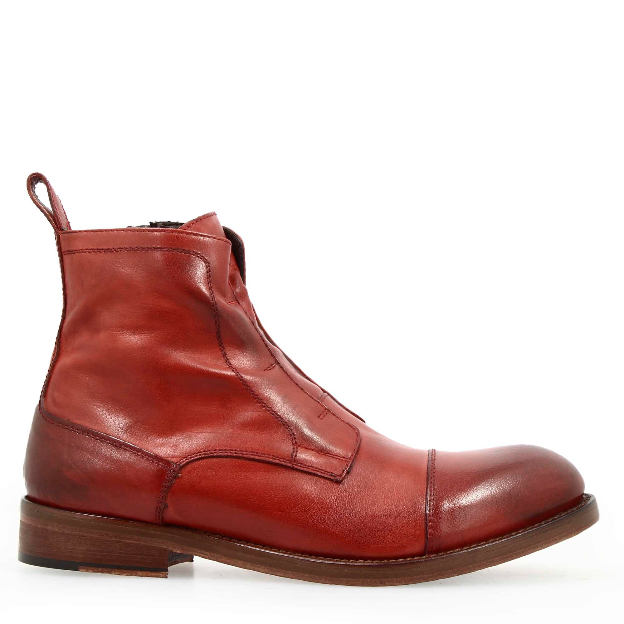 Leonardo Shoes Stivaletti Uomo Pelle Bordeaux Cap Toe Zip