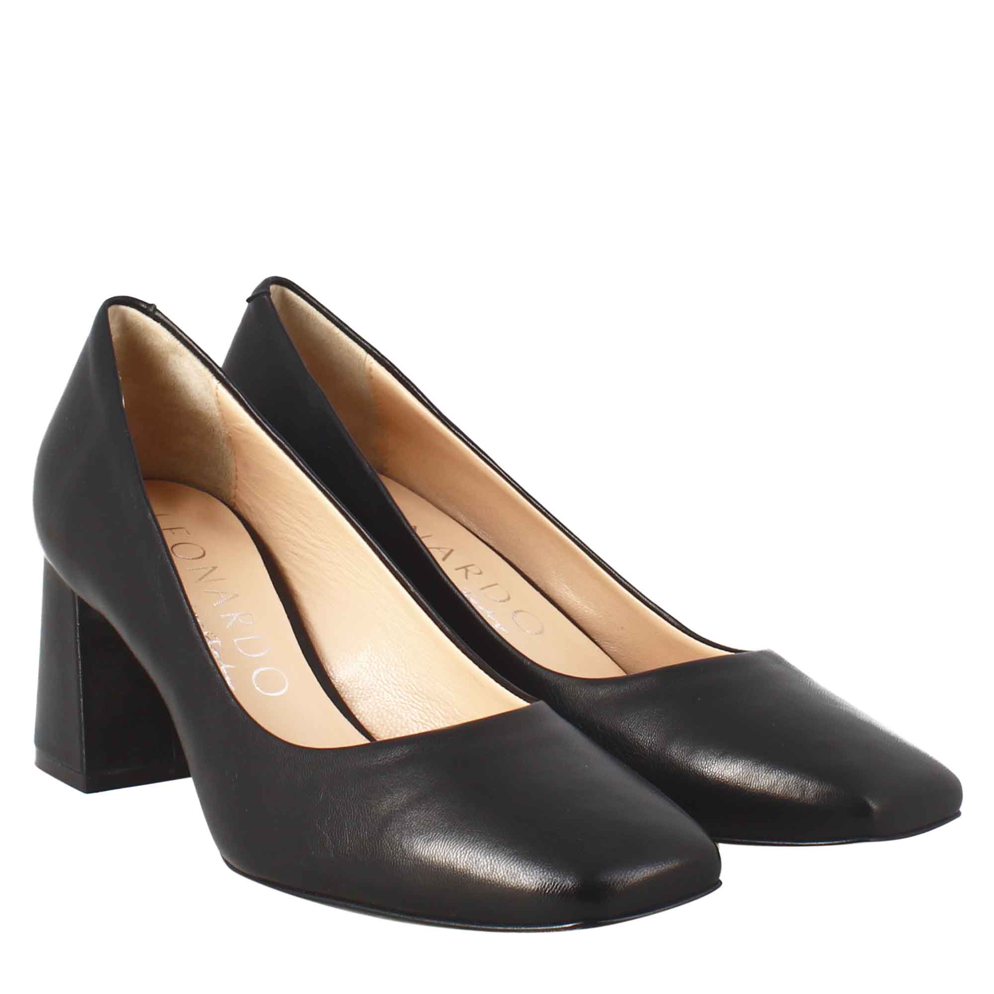 Leonardo Shoes décolleté donna pelle nero punta quadrata 7 cm