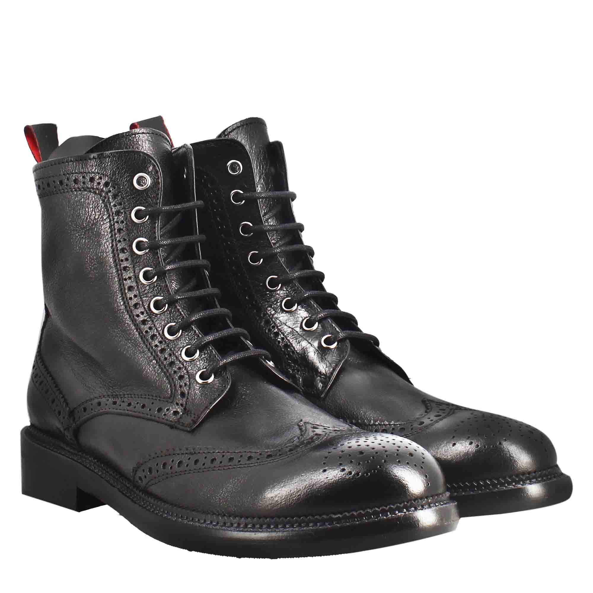 Leonardo Shoes Stivaletti Uomo Anfibi Candy Pelle Nero Brogue
