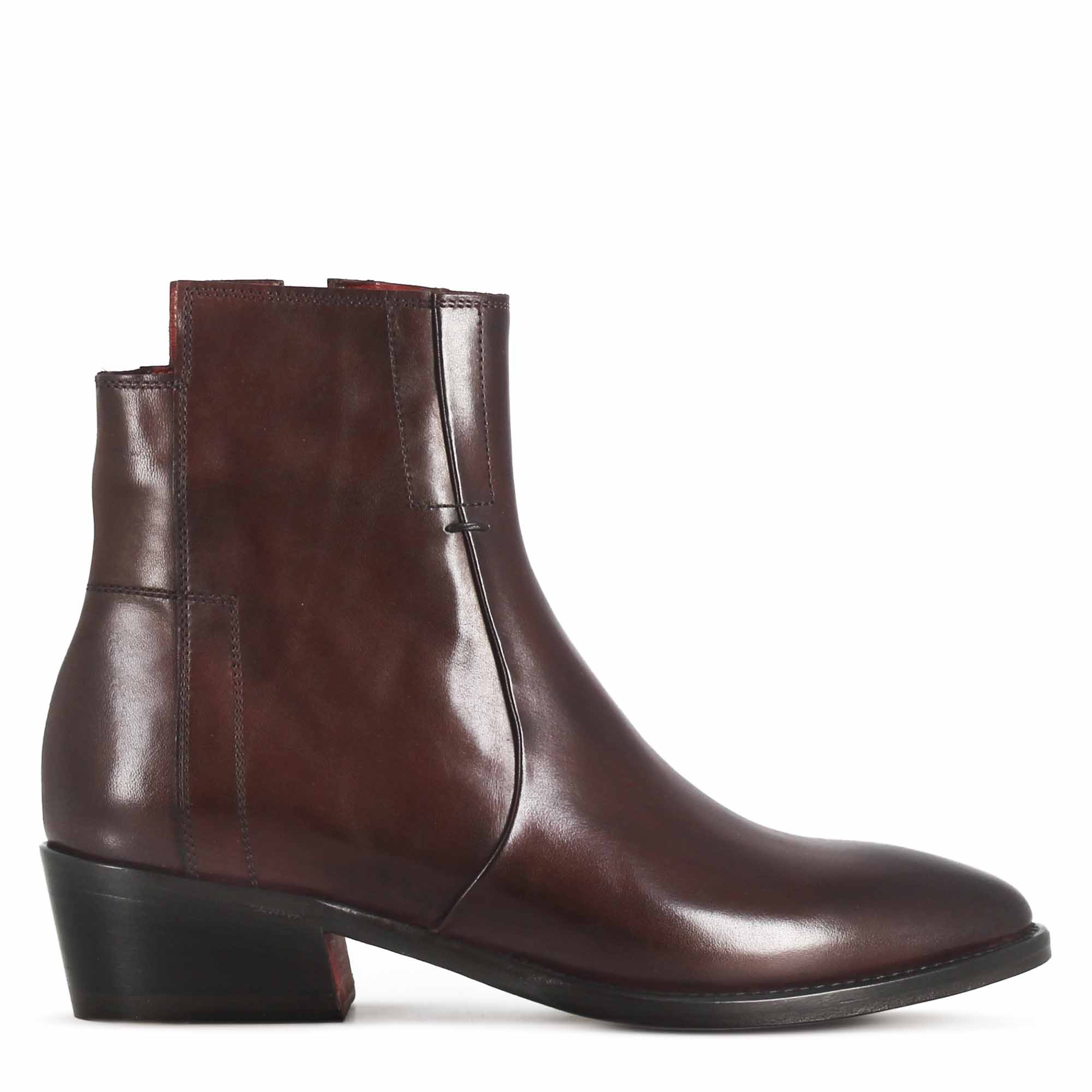 Leonardo Shoes Stivali Donna Texano Stivaletto Pelle Bordeaux Tacco 4