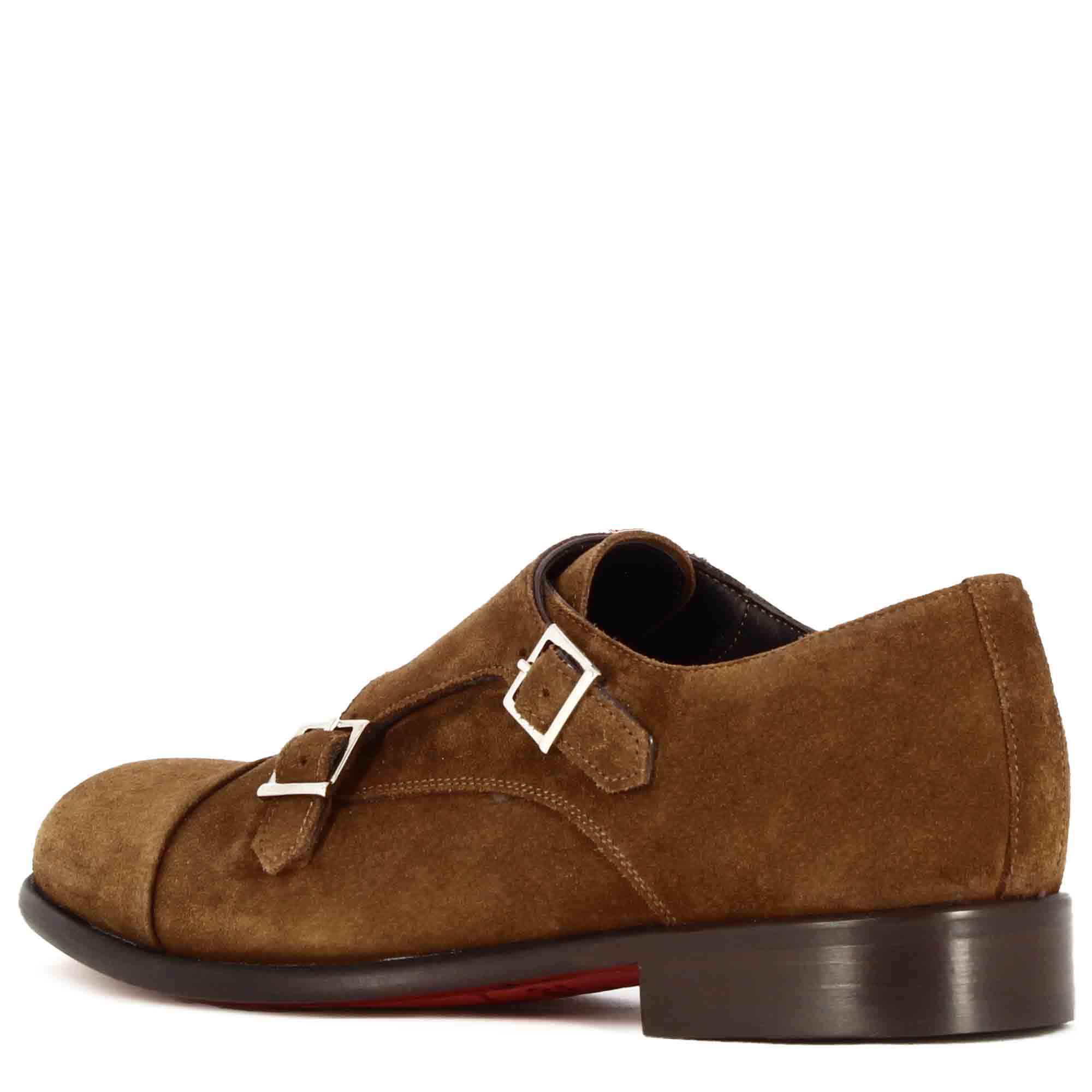 Leonardo Shoes doppia fibbia uomo marrone camoscio BF-30