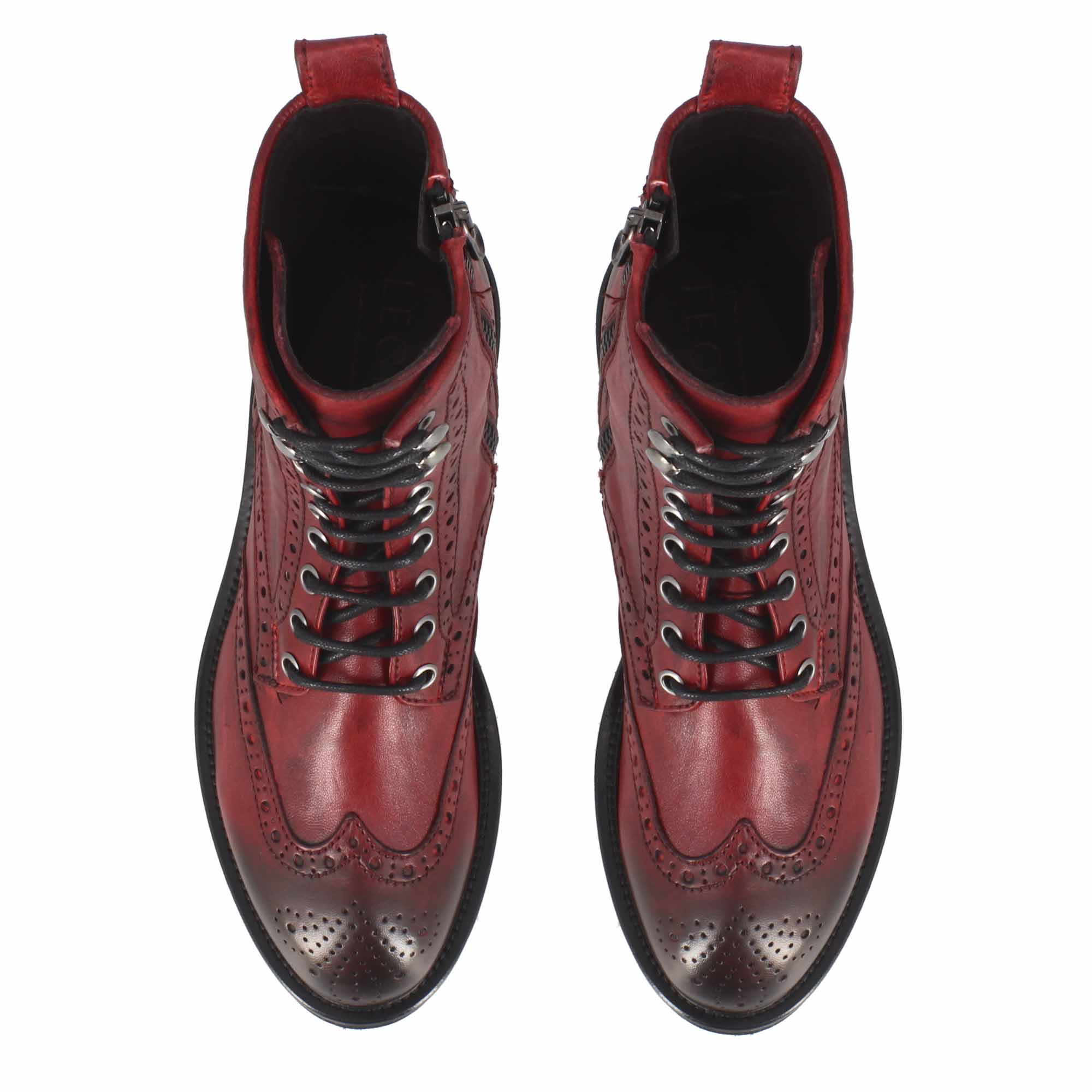 Leonardo Shoes Anfibio Stivali Donna Rosso Pelle Brogue Lacci