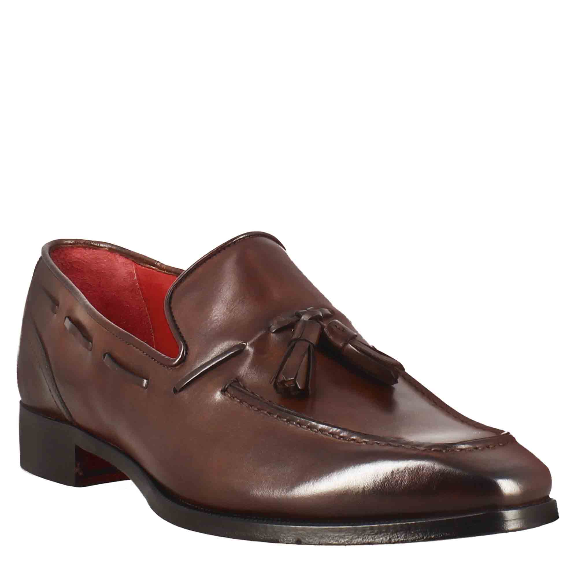 Leonardo Shoes Mocassini Uomo Nappine Marrone Pelle Punta Squadrata