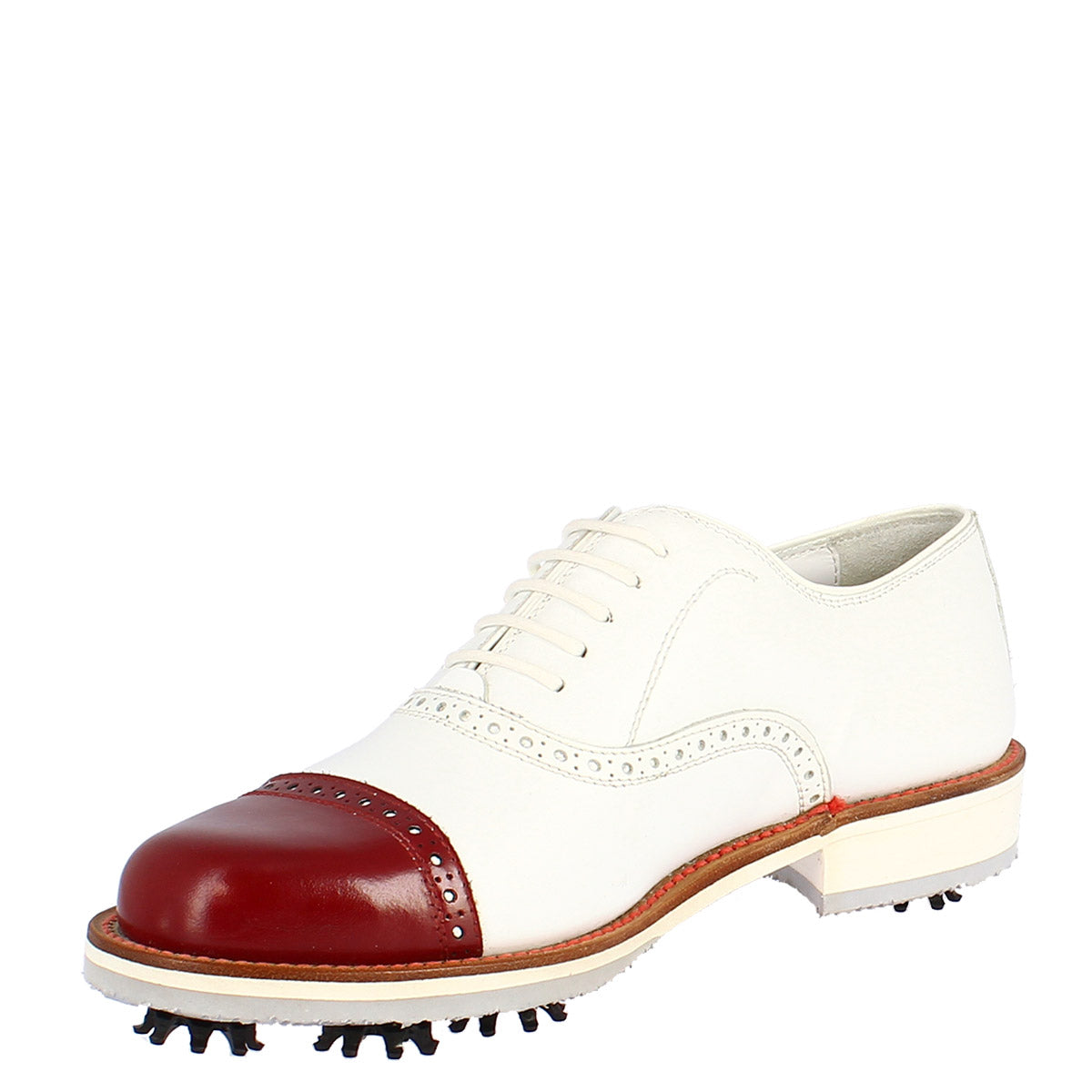 Leonardo Shoes Golf Scarpe Pelle Bianco con Puntale Rosso
