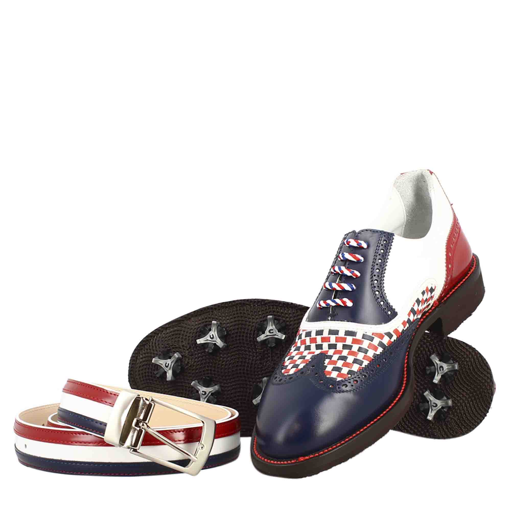 Leonardo Shoes Scarpe Golf Pelle Blu Brogue Tacchetti