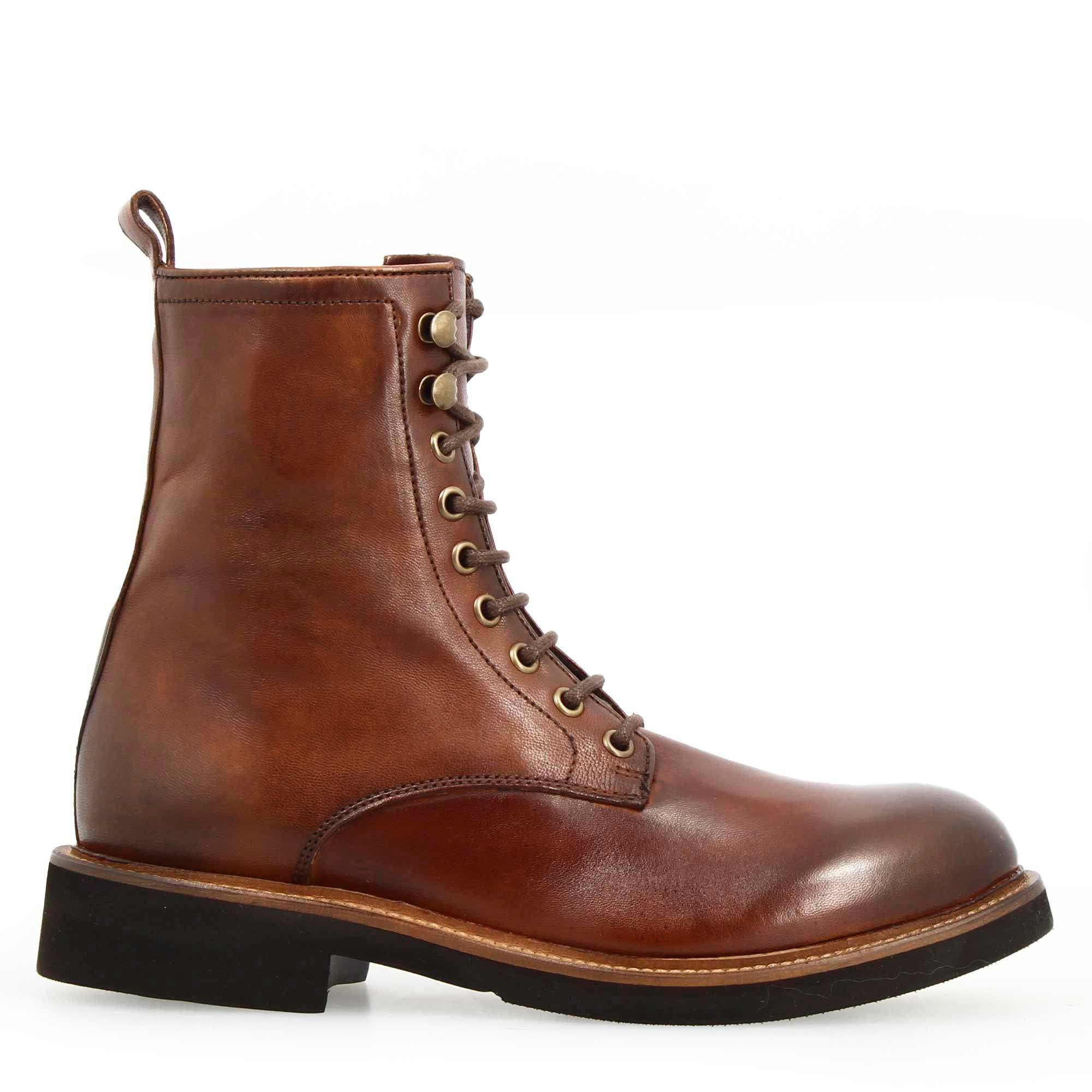 Leonardo Shoes Stivaletto Anfibio Donna Marrone in Pelle