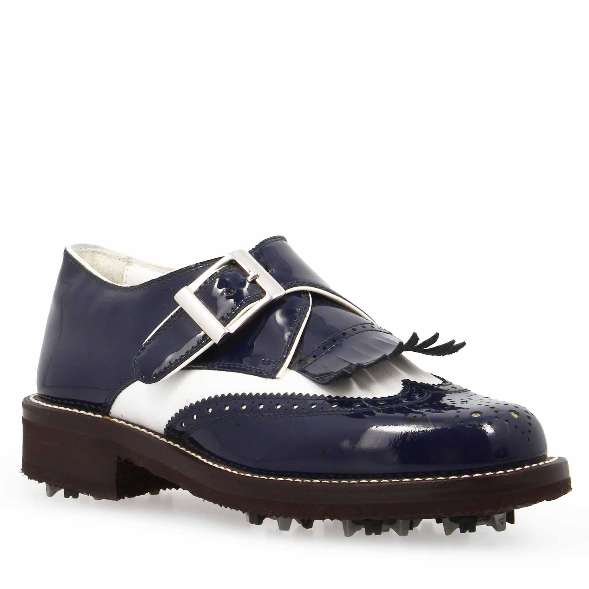 Leonardo Shoes Golf fibbia pelle bianco blu Softspike donna uomo
