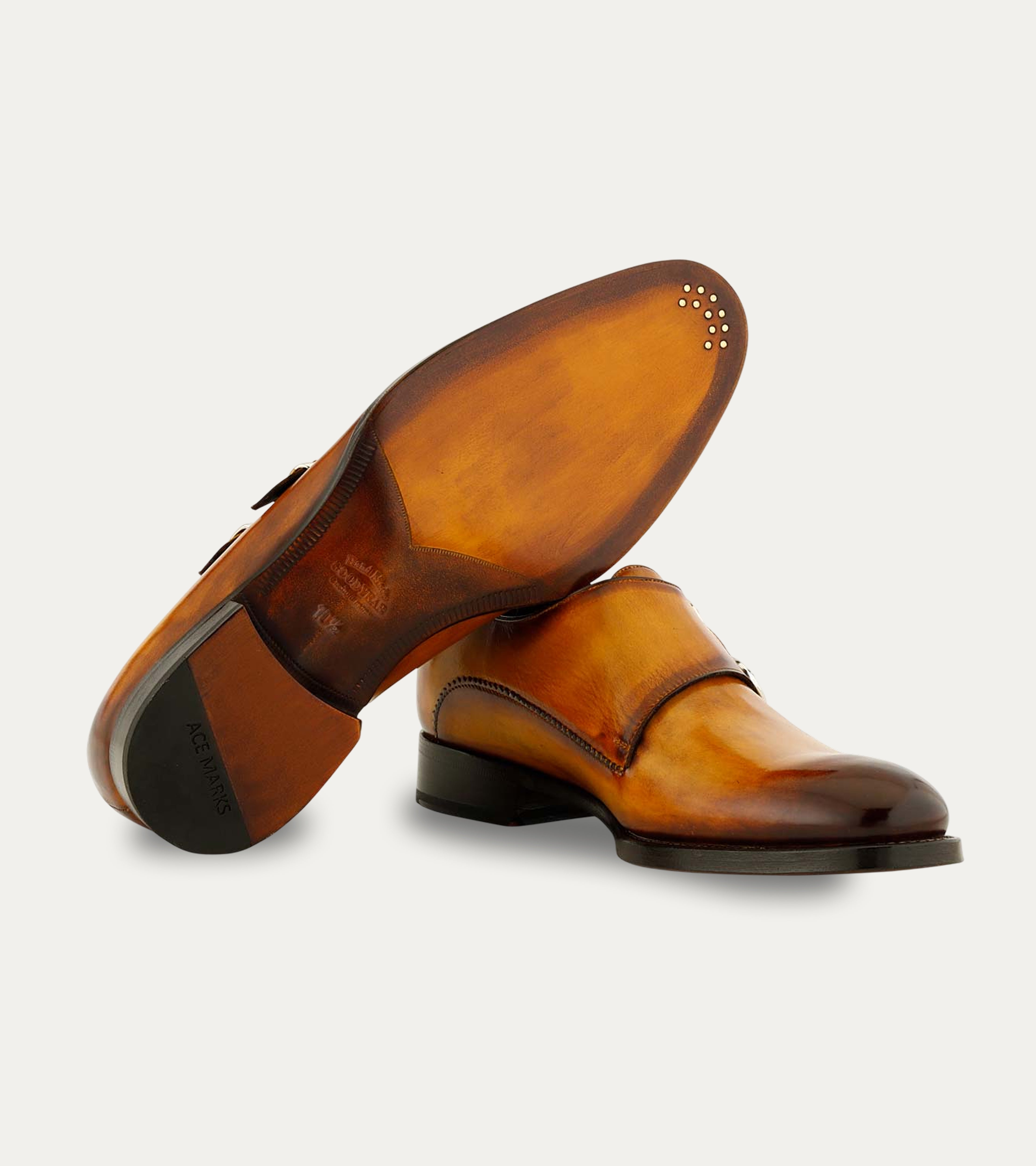 Ace Marks Alfie Double Monkstrap scarpe fibbia bourbon pelle