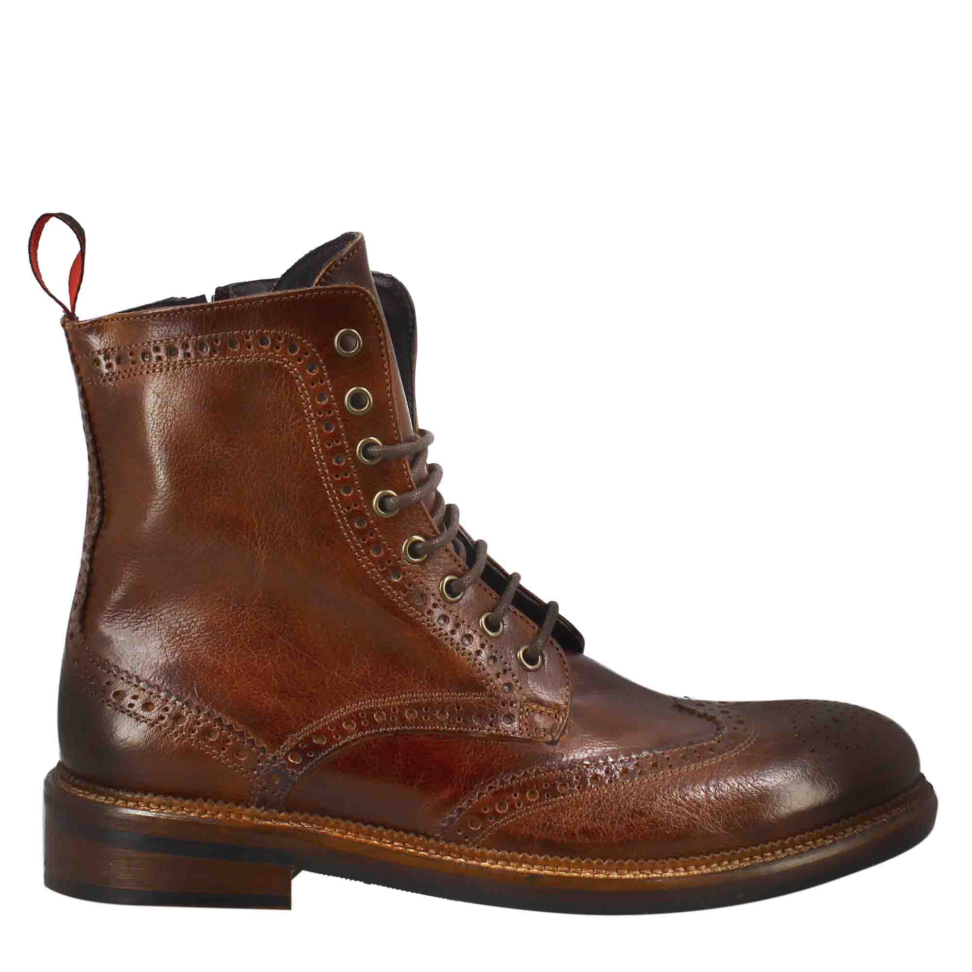 Leonardo Shoes Stivaletti Uomo anfibi brogue cuoio scuro
