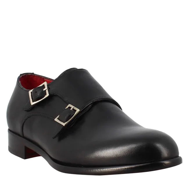 Leonardo Shoes Doppia Fibbia Francesina Uomo Nera Pelle