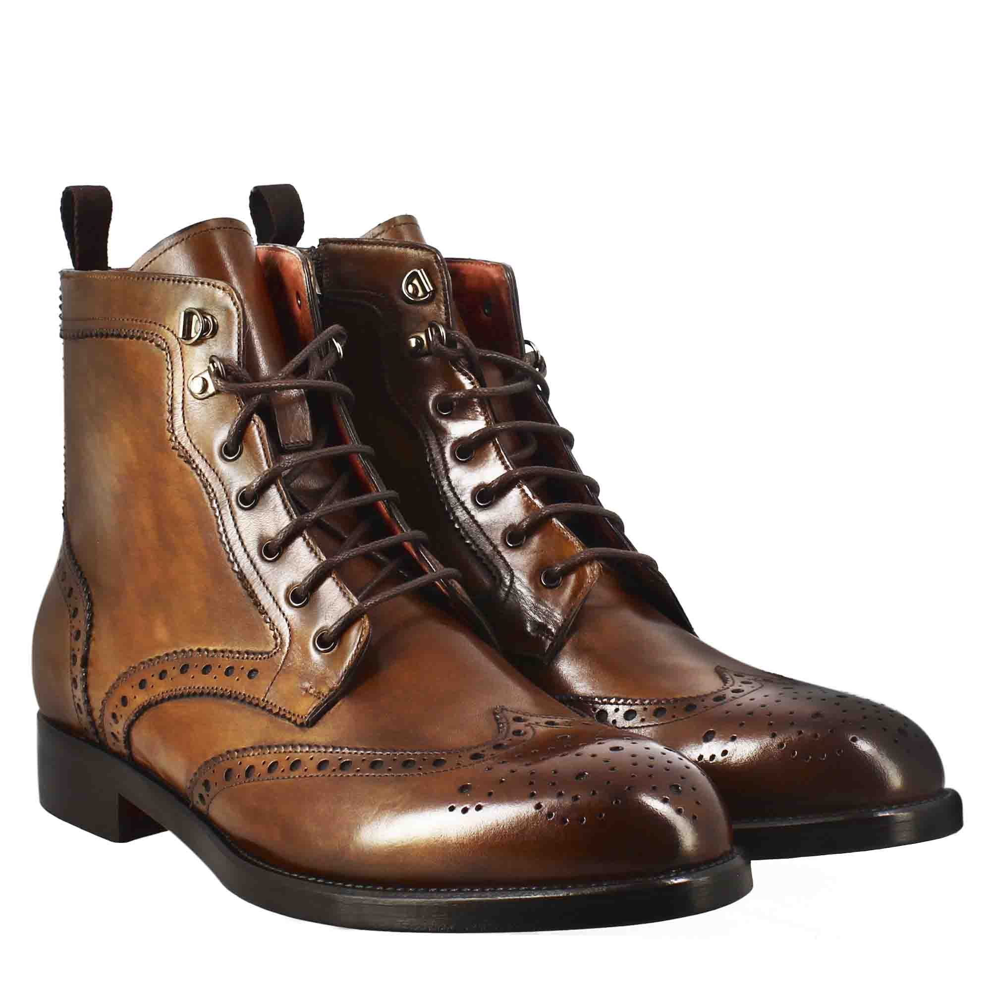 Leonardo Shoes Stivaletti Uomo Anfibio Brogue Pelle Marrone