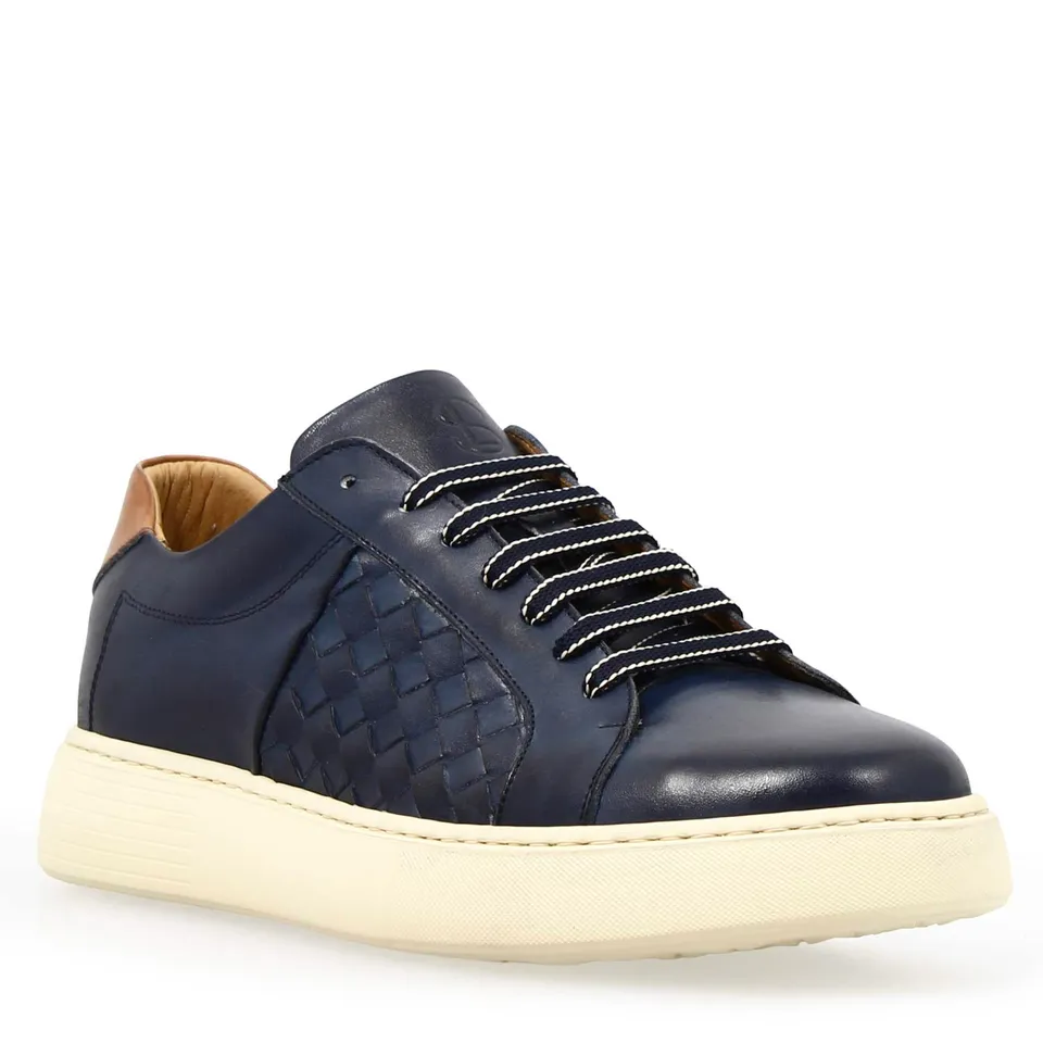 Leonardo Shoes Caronte sneakers uomo blu intrecciata pelle