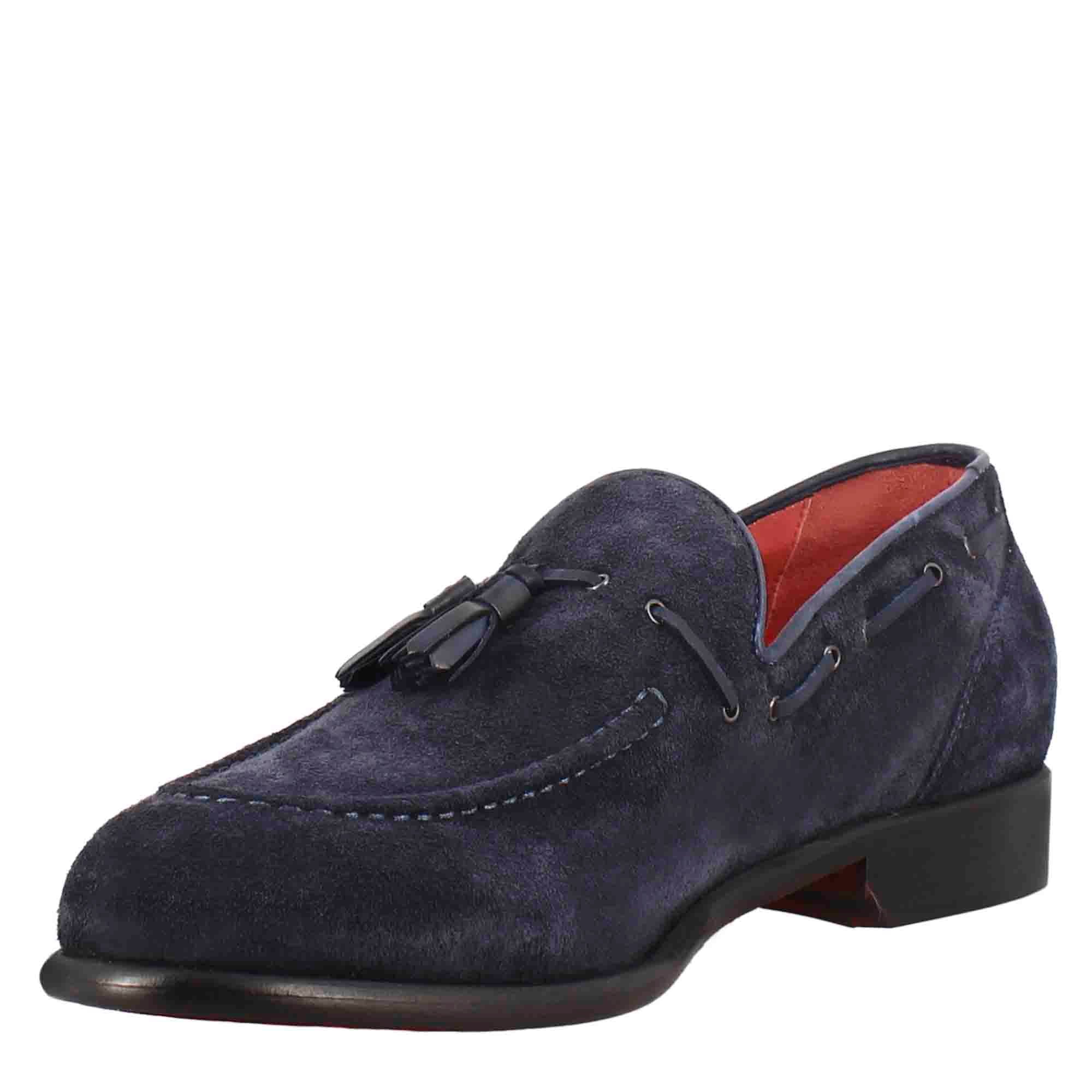 Leonardo Shoes Mocassini Uomo Nappine Blu Scamosciato