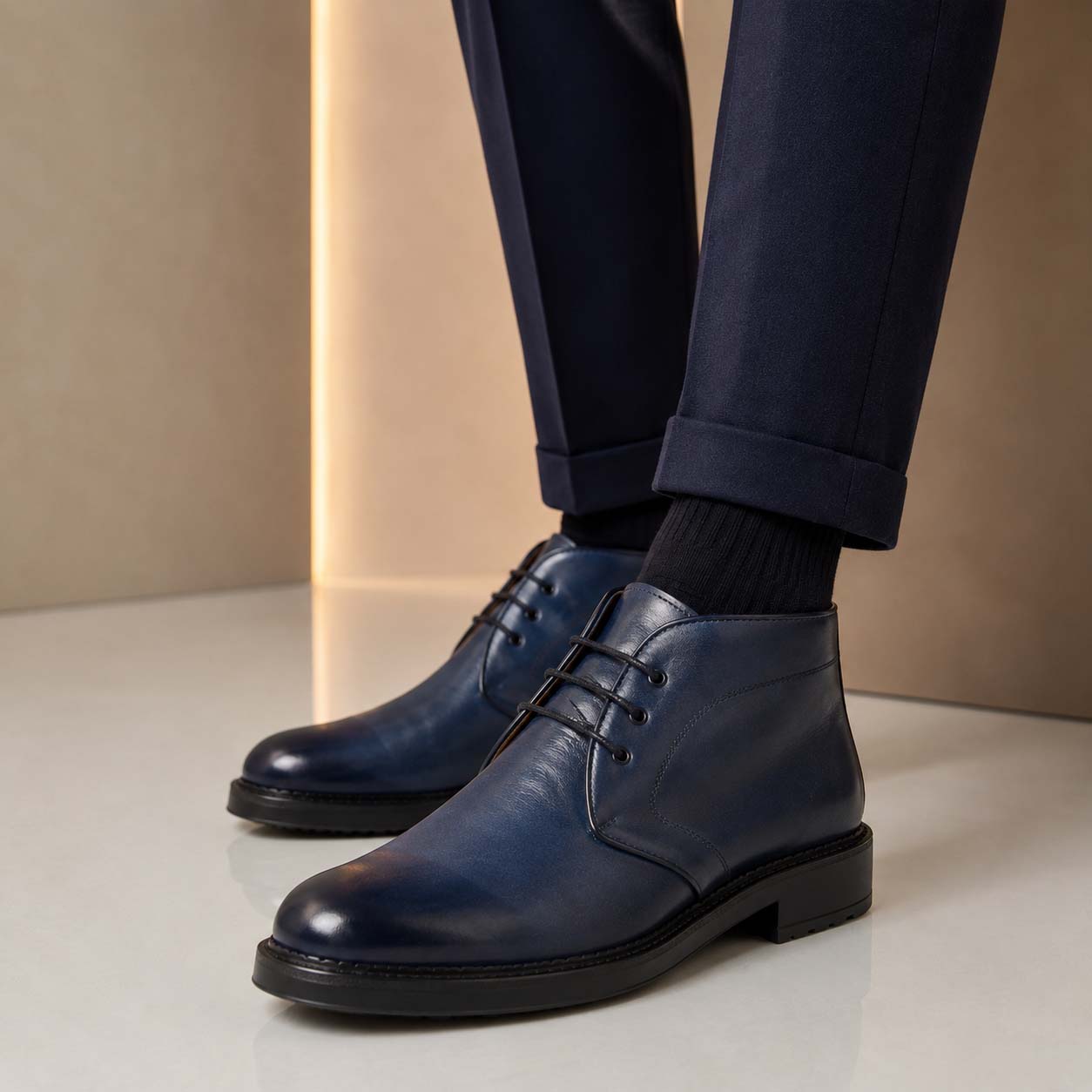 Leonardo Shoes Bacco Chukka Boot Uomo Pelle Blu Concia Vegetale