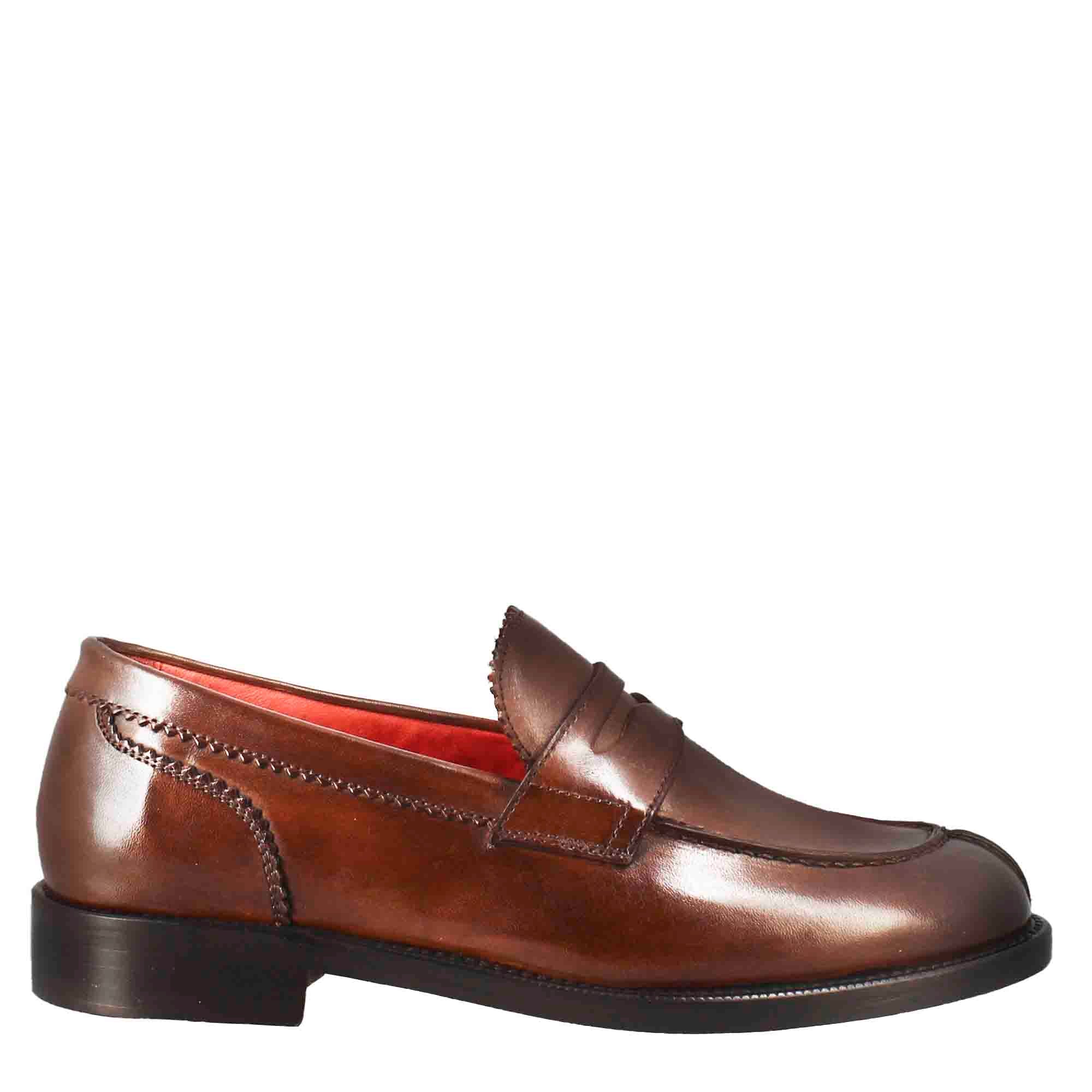 Leonardo Shoes mocassini donna pelle marrone bocca leone