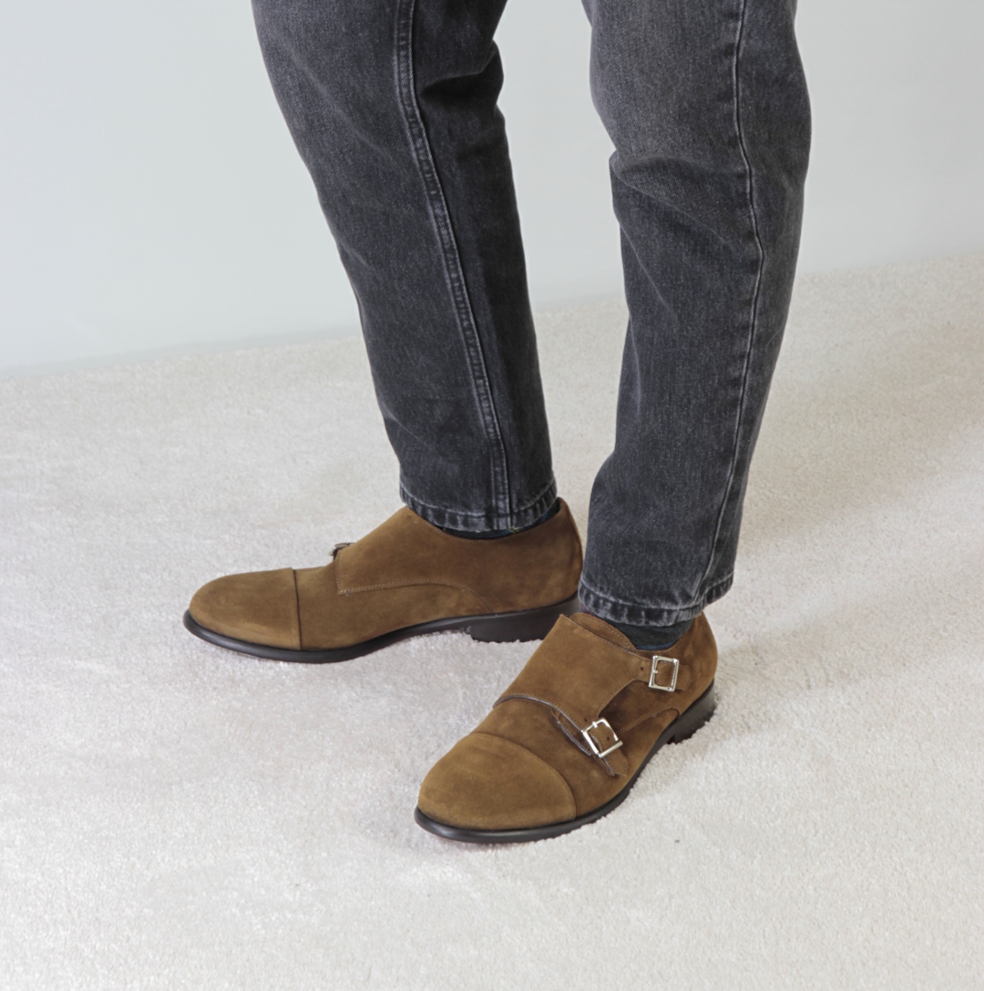 Leonardo Shoes doppia fibbia uomo marrone camoscio BF-30