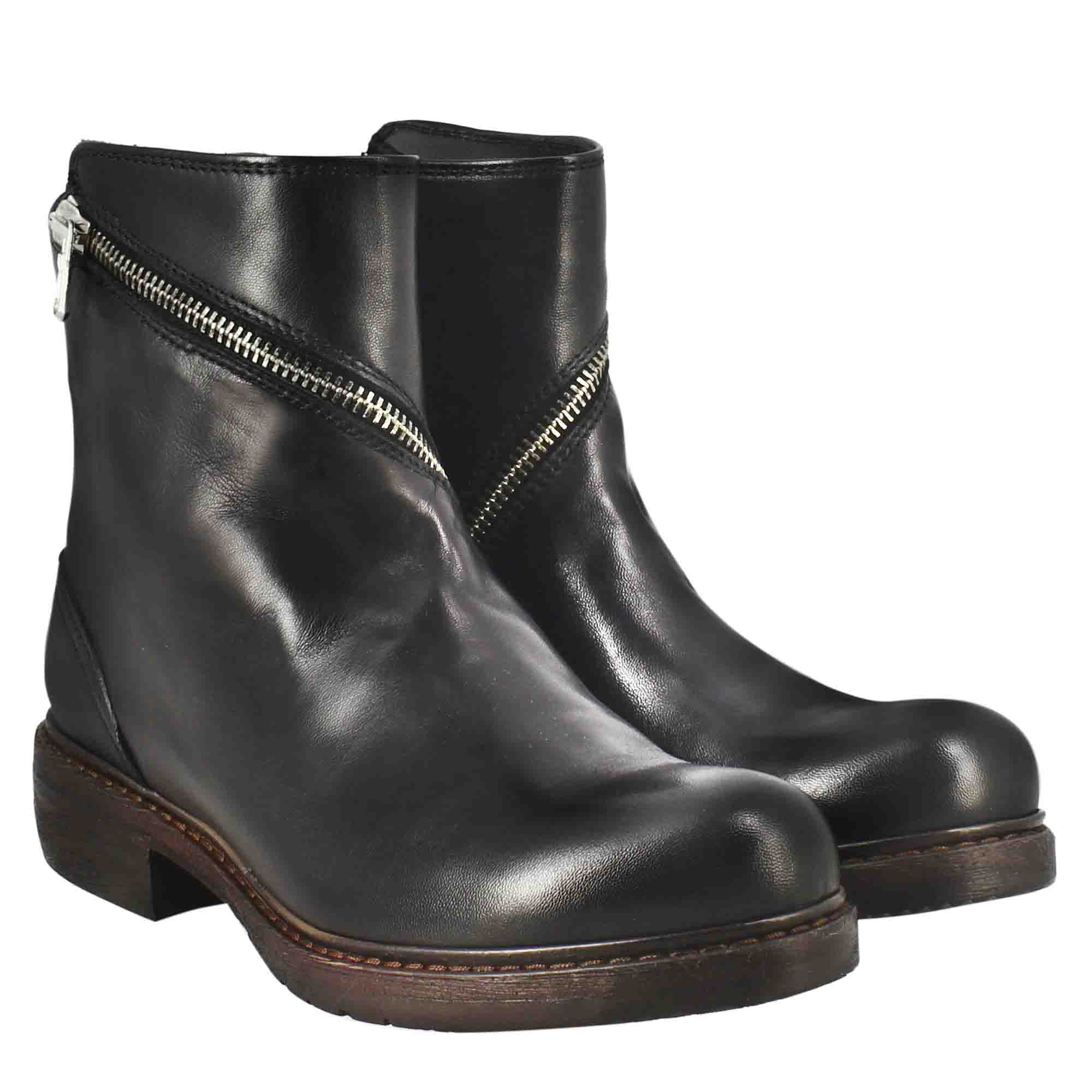 Leonardo Shoes Paupa stivaletti donna pelle nero zip diagonale