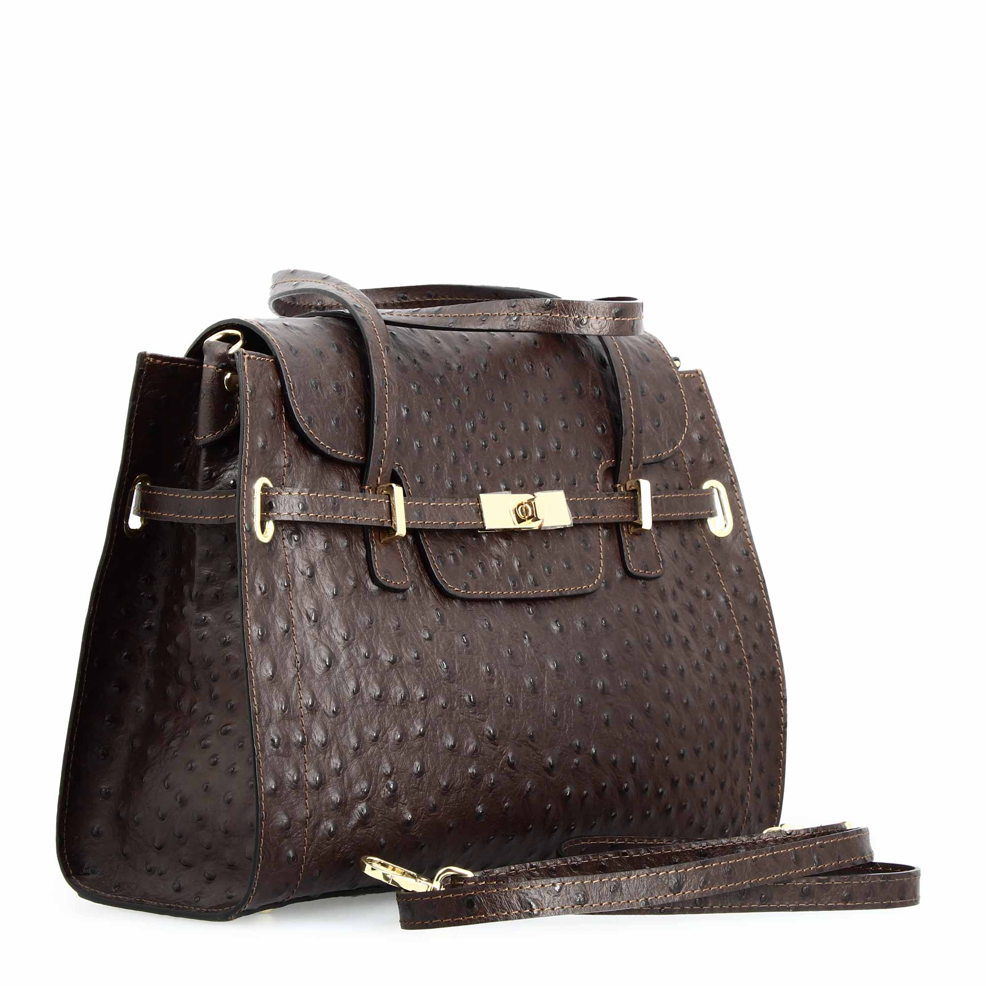 Leonardo Shoes Borsa Mano Pelle Marrone Scuro Struzzo Grande