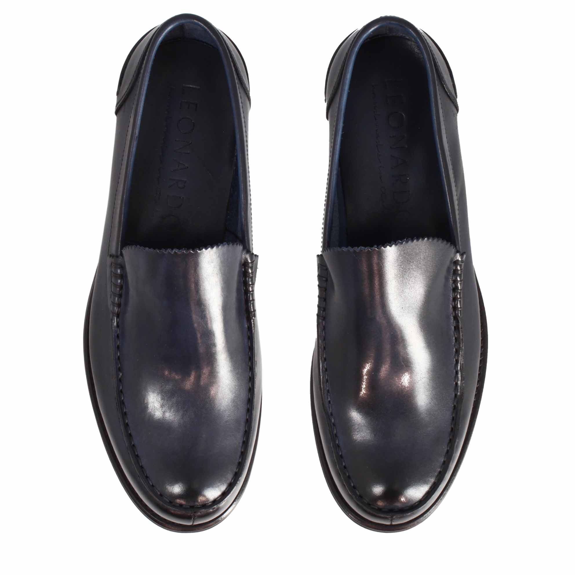 Leonardo Shoes Mocassini Uomo Rialto Blu Pelle Suola Cuoio
