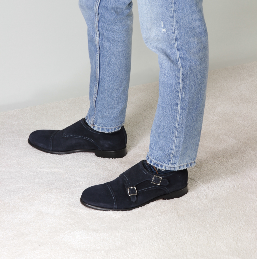 Leonardo Shoes Francesine Uomo scarpe doppia fibbia blu camoscio