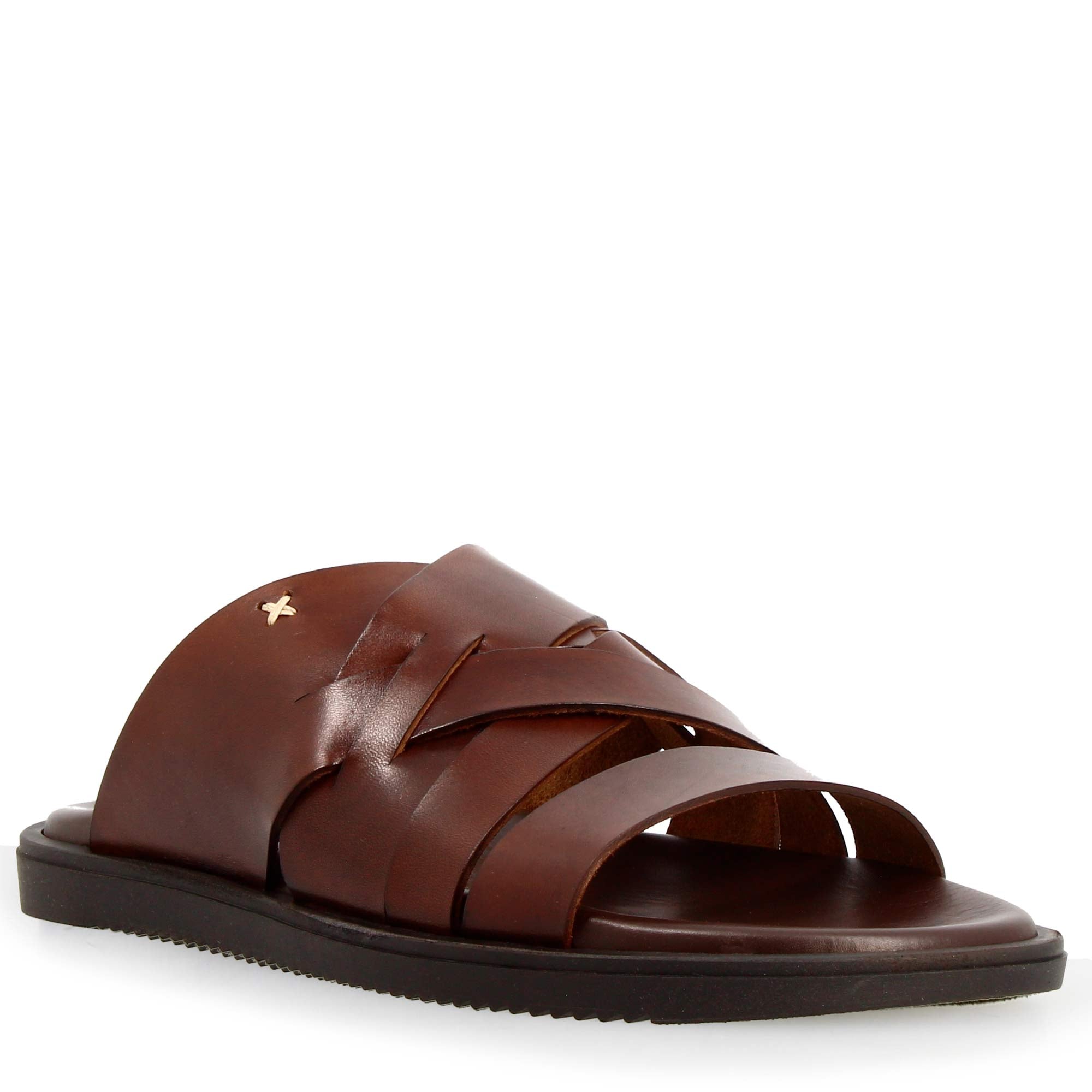 Leonardo Shoes Sandali Uomo Marrone Pelle Intrecciati Gomma
