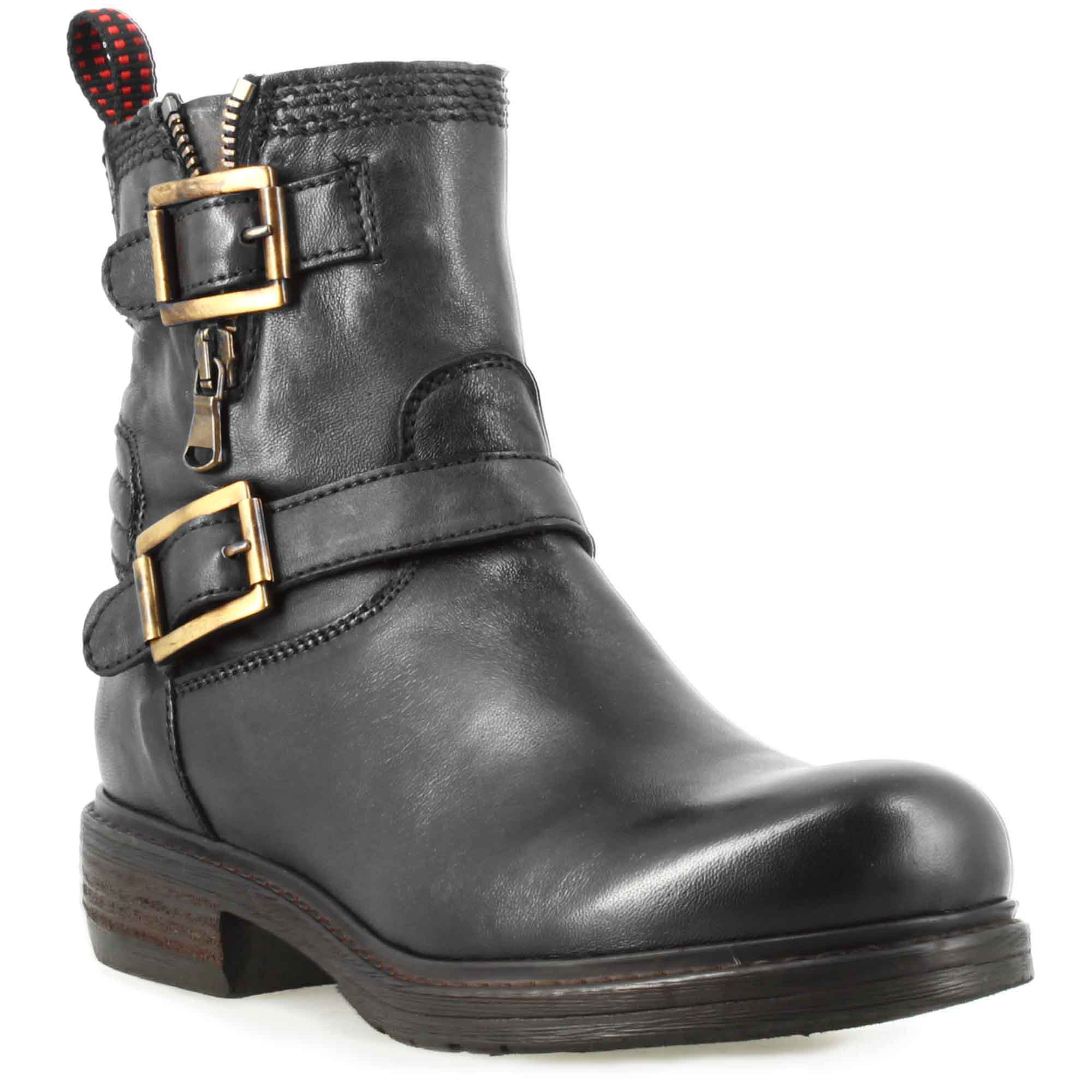 Leonardo Shoes Stivaletto Doppia Fibbia Stivali Donna Nero Vera Pelle