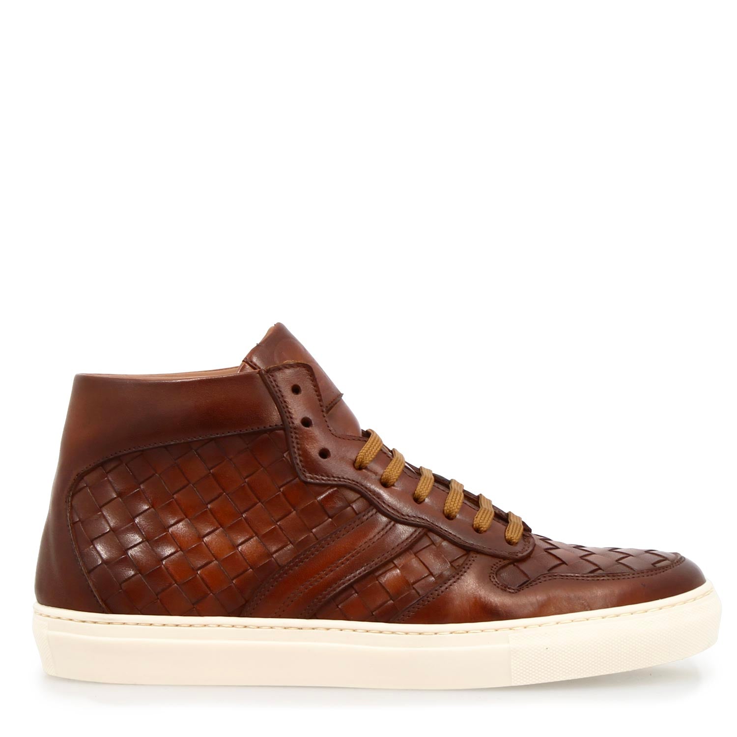 Leonardo Shoes Domizio sneaker uomo marrone pelle intrecciata high-top