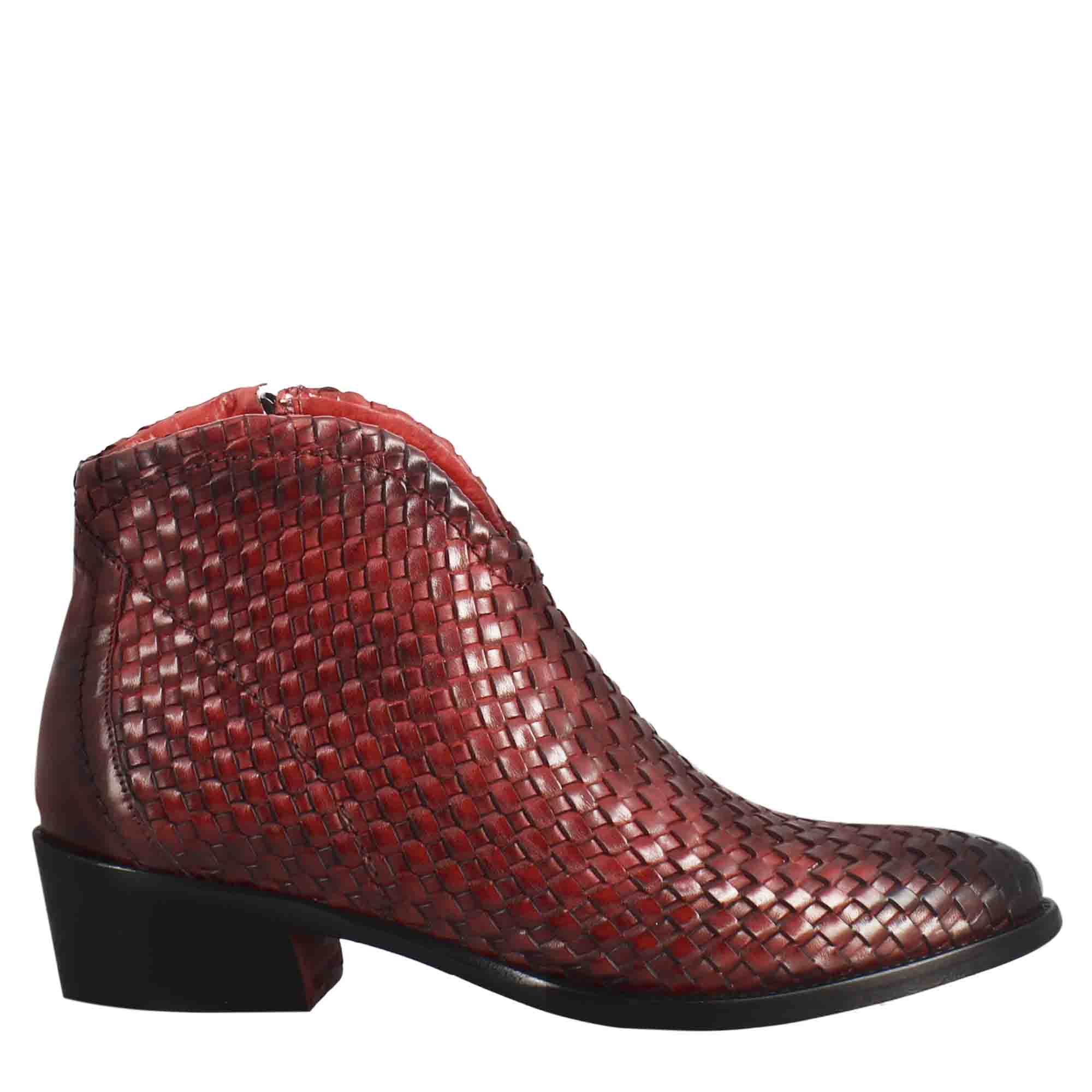 Leonardo Shoes Stivali Donna Stivaletto Pelle Intrecciata Rosso Tacco Medio