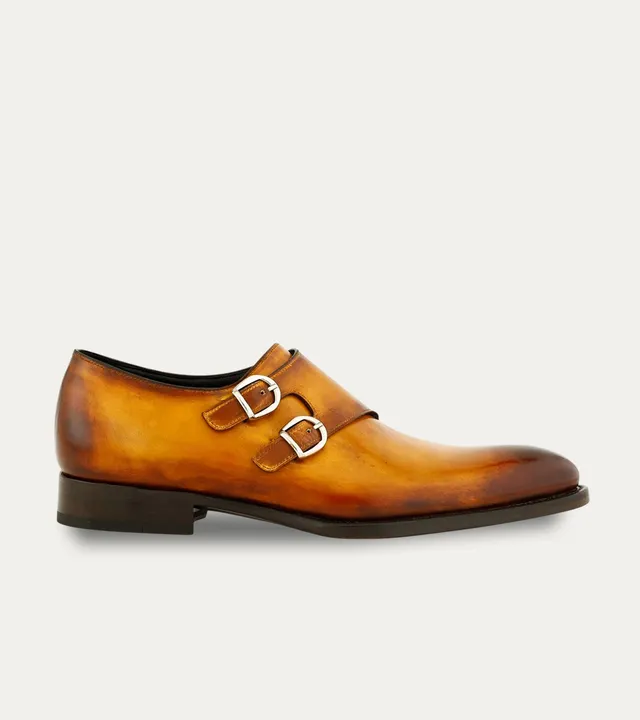Ace Marks Alfie Double Monkstrap scarpe fibbia bourbon pelle