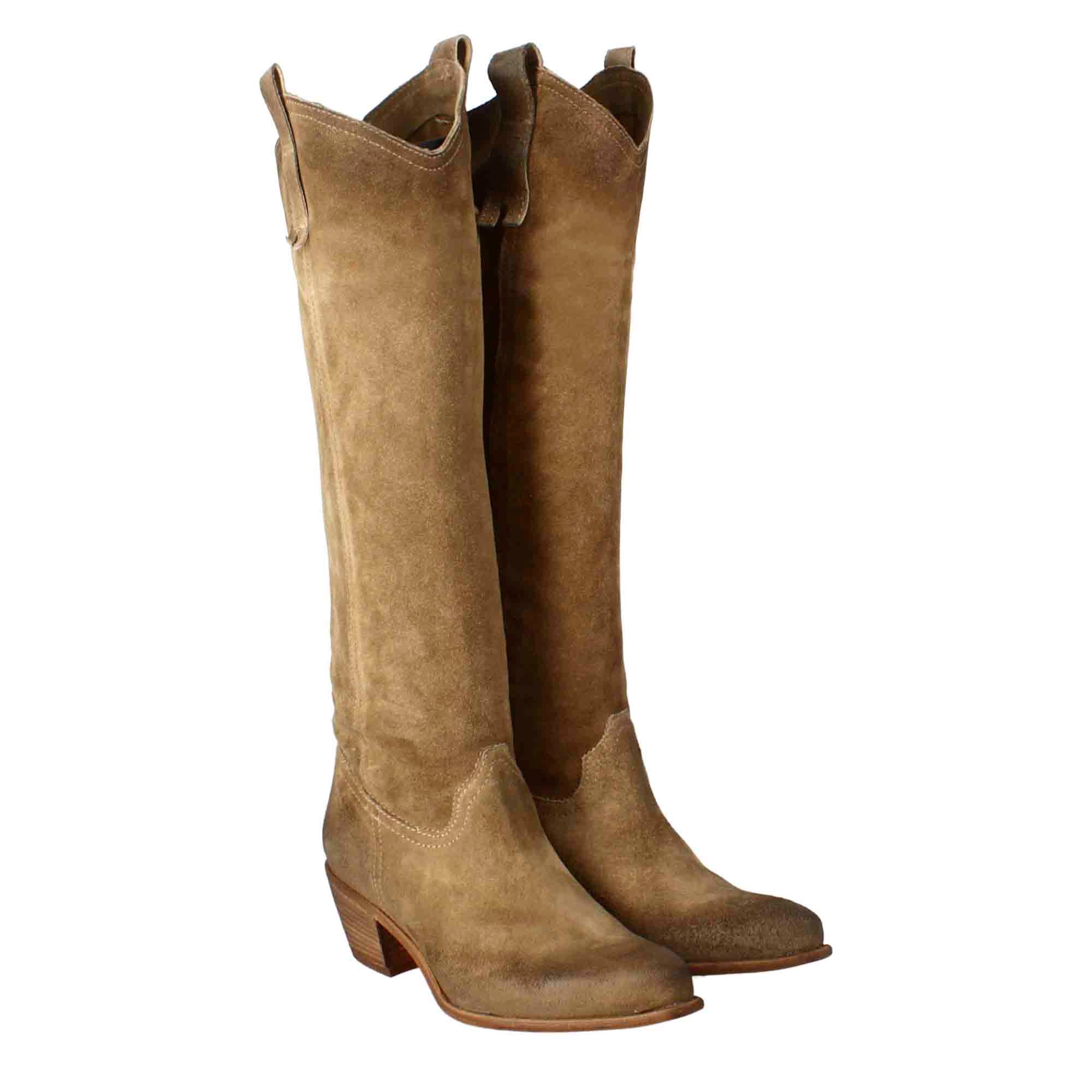 Leonardo Shoes stivali donna tortora camoscio texani alti