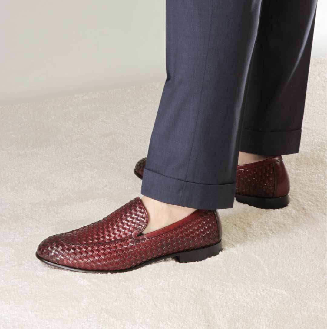 Leonardo Shoes mocassini uomo rosso pelle intrecciata
