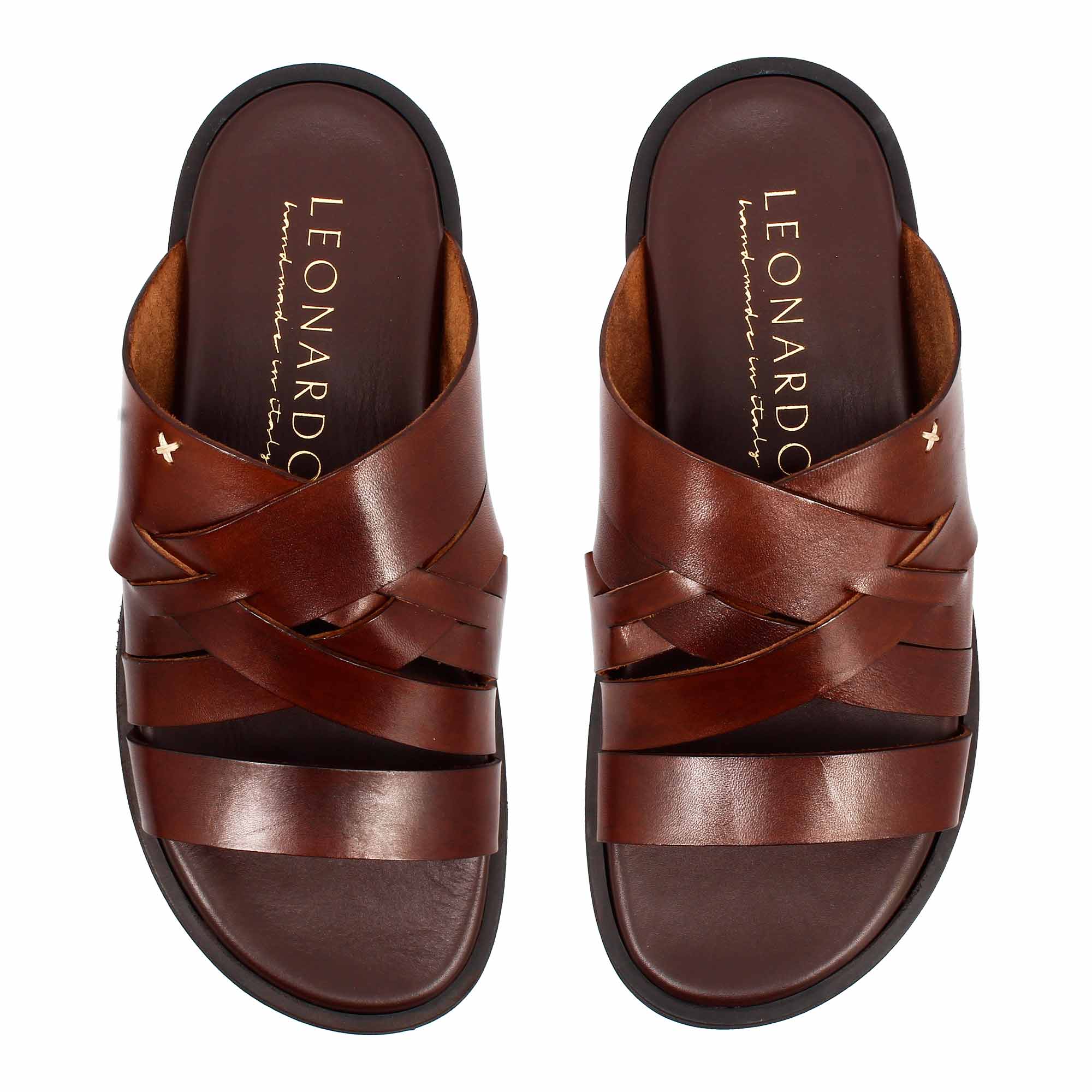 Leonardo Shoes Sandali Uomo Marrone Pelle Intrecciati Gomma