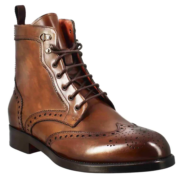 Leonardo Shoes Stivaletti Uomo Anfibio Brogue Pelle Marrone