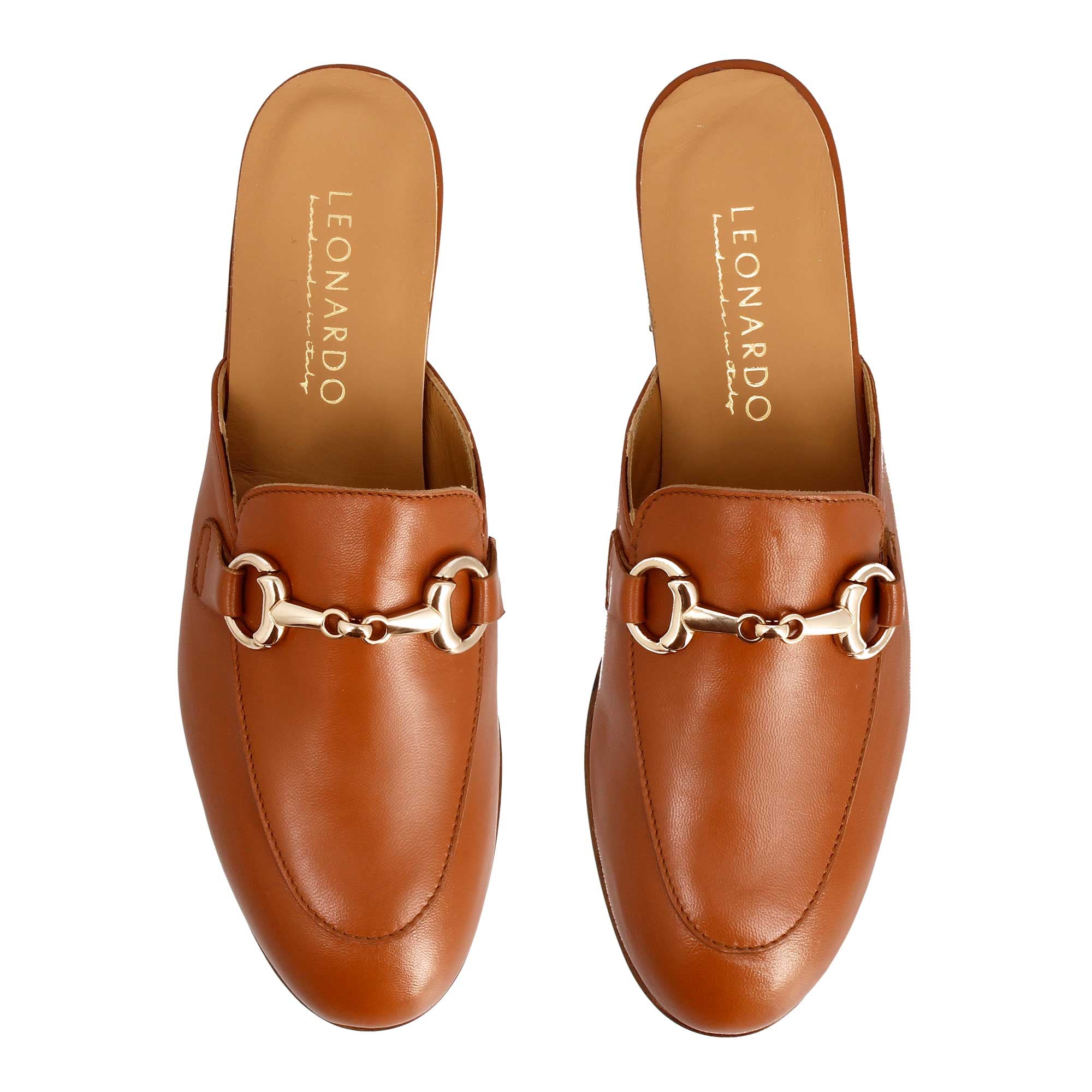 Leonardo Shoes sabot marrone mules donna pelle fibbia oro