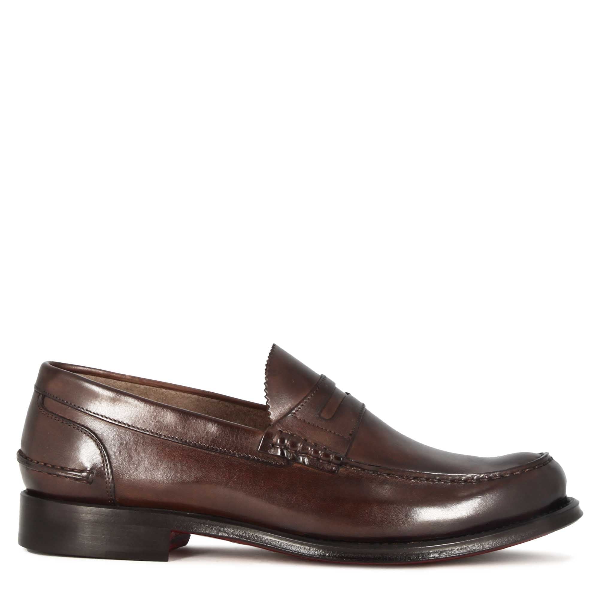Leonardo Shoes College mocassini uomo marrone scuro pelle