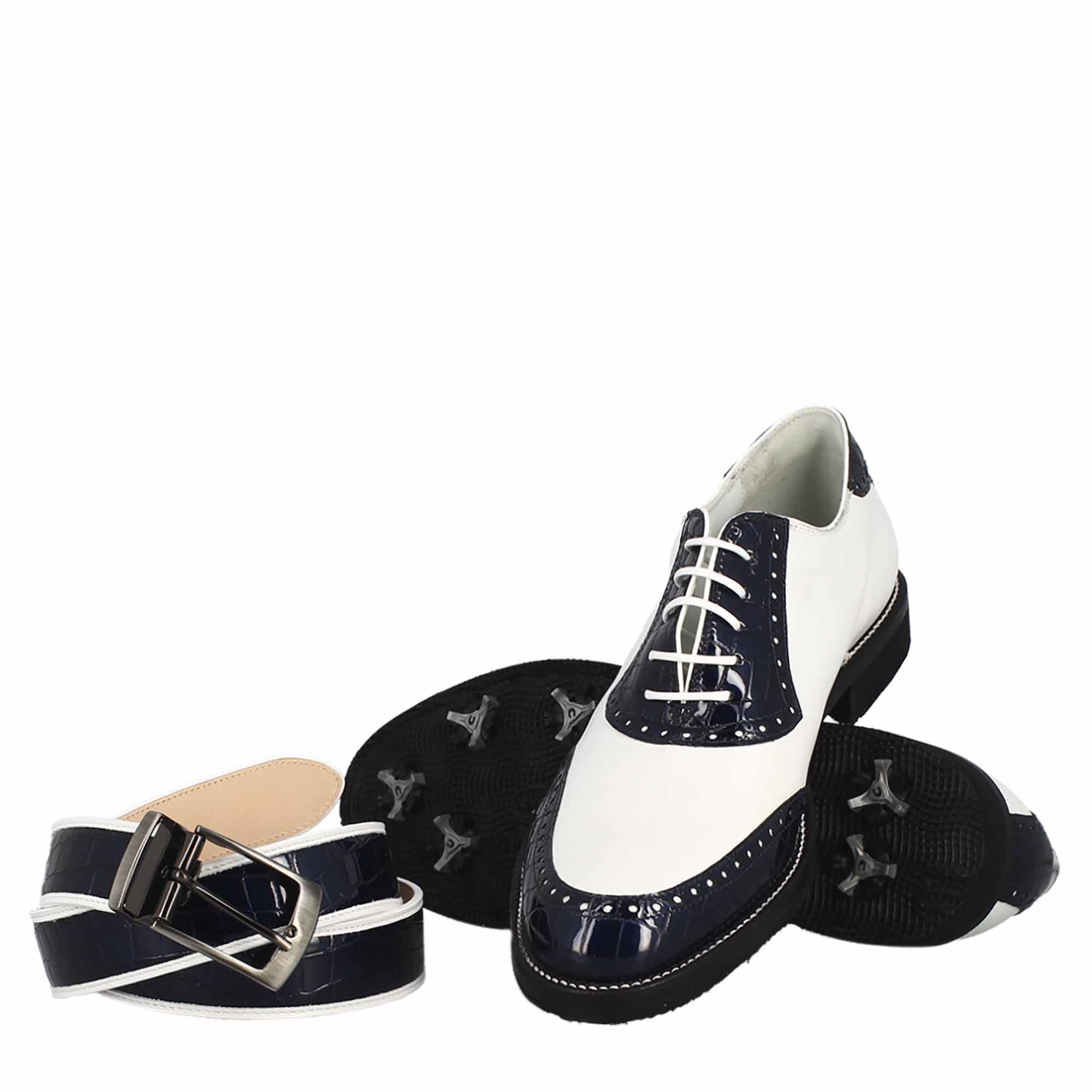 Leonardo Shoes scarpe golf pelle bianco con cocco blu