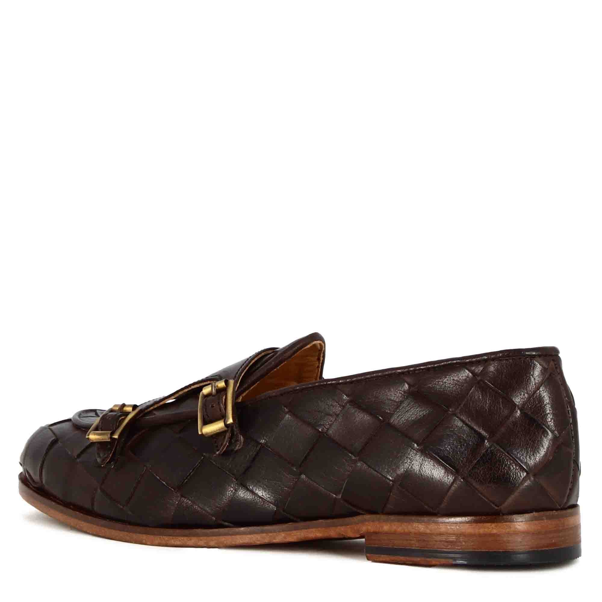 Leonardo Shoes mocassini uomo pelle marrone doppia fibbia