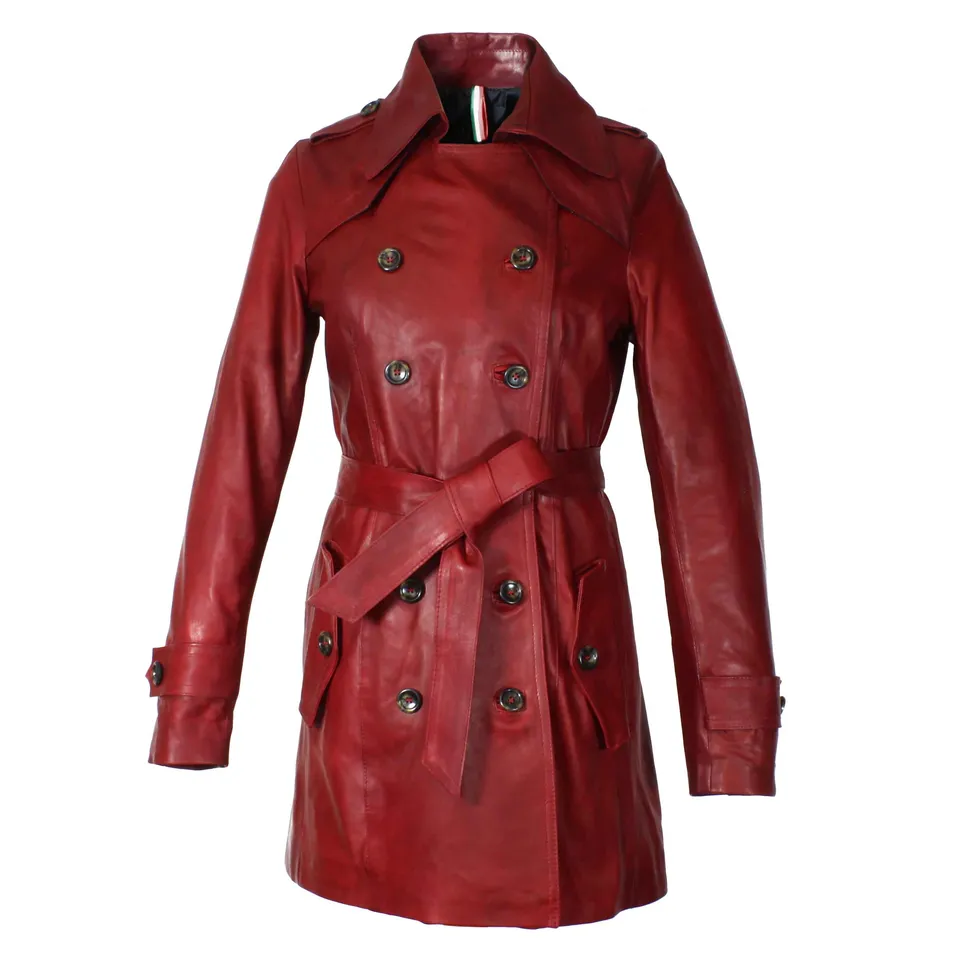 Leonardo Shoes trench donna pelle rosso scuro doppio petto