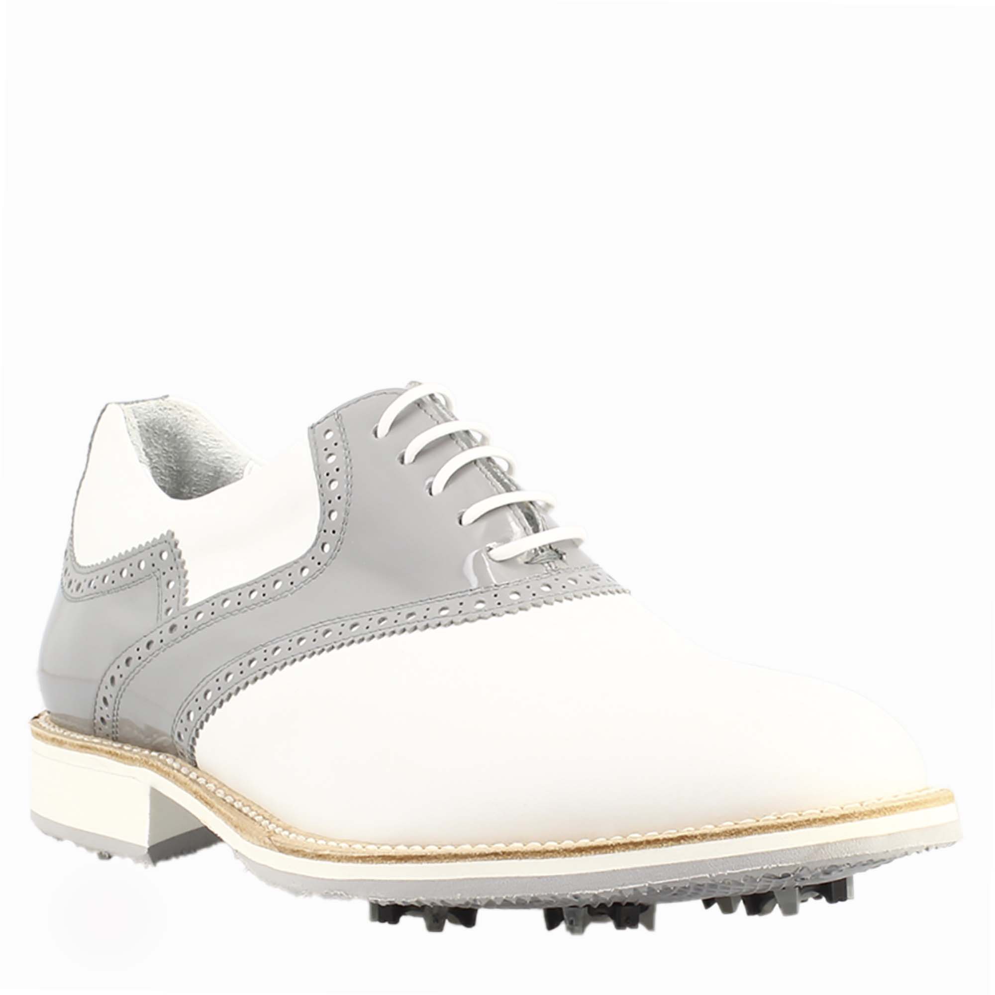 Leonardo Shoes Golf Scarpe da Golf Pelle Bianco Grigio Tacchetti